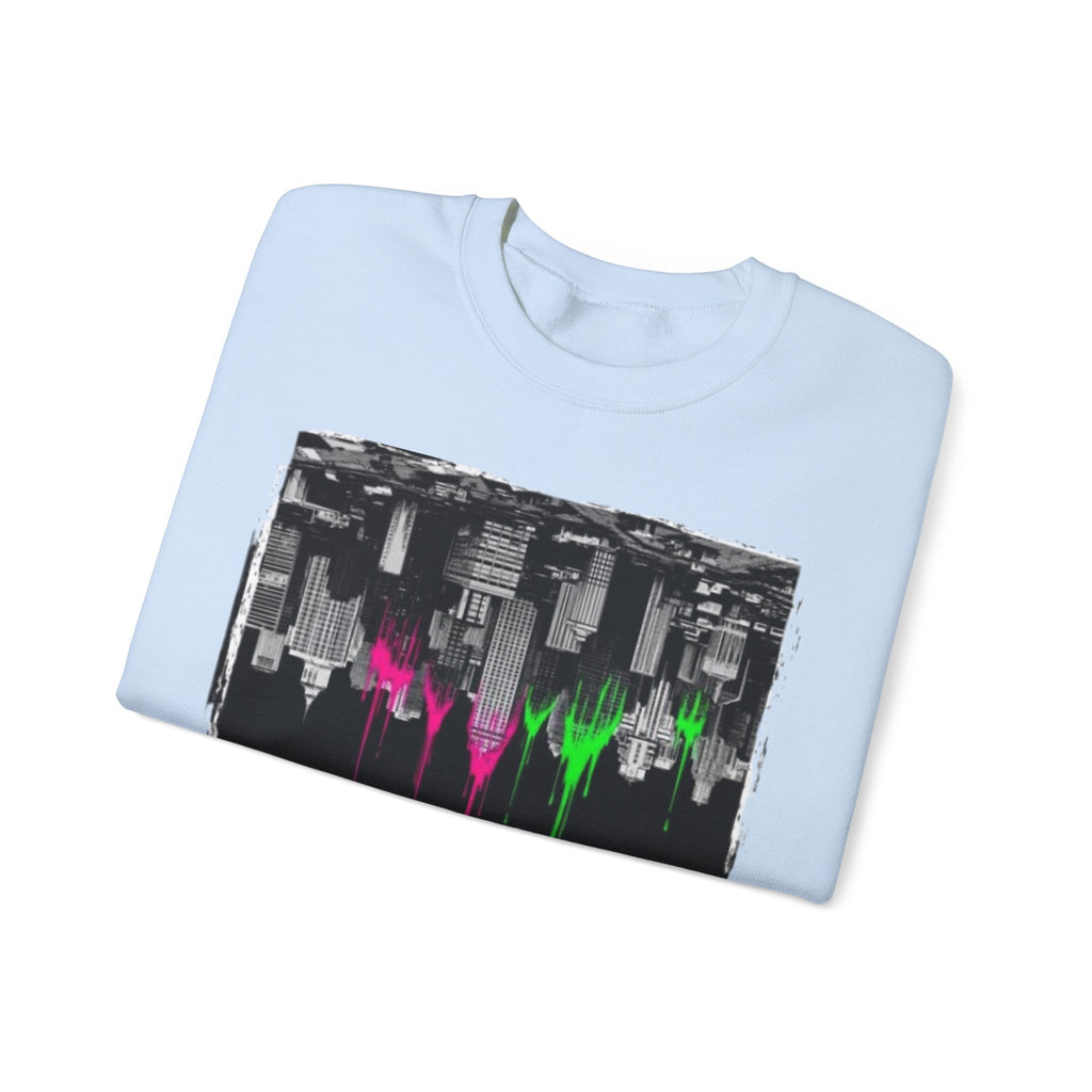 Cityscape Drip Crewneck Sweatshirt — Neon Skyline Paint Drip
