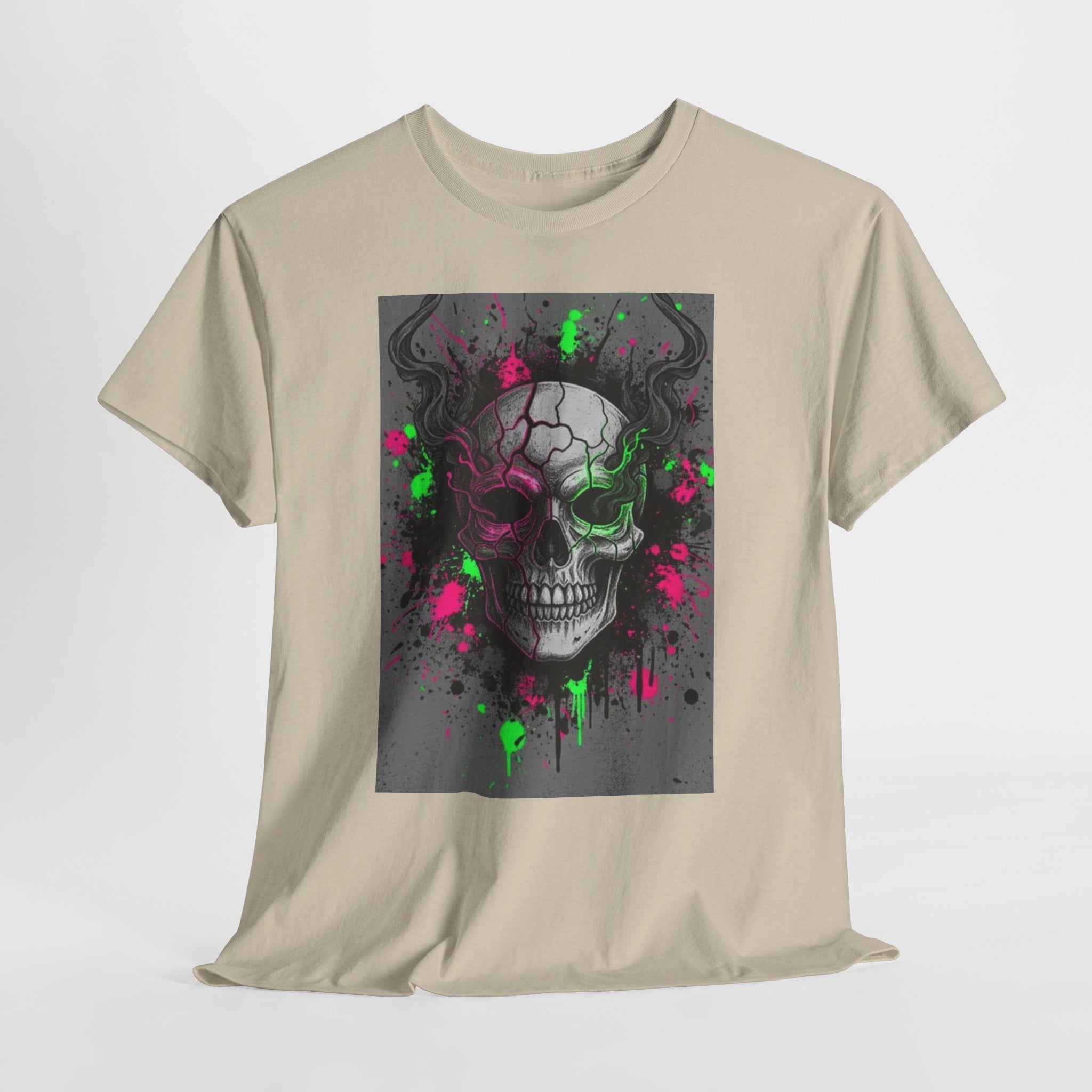 Skull Graffiti T‑Shirt — Neon Green & Pink Drip Skull Tee