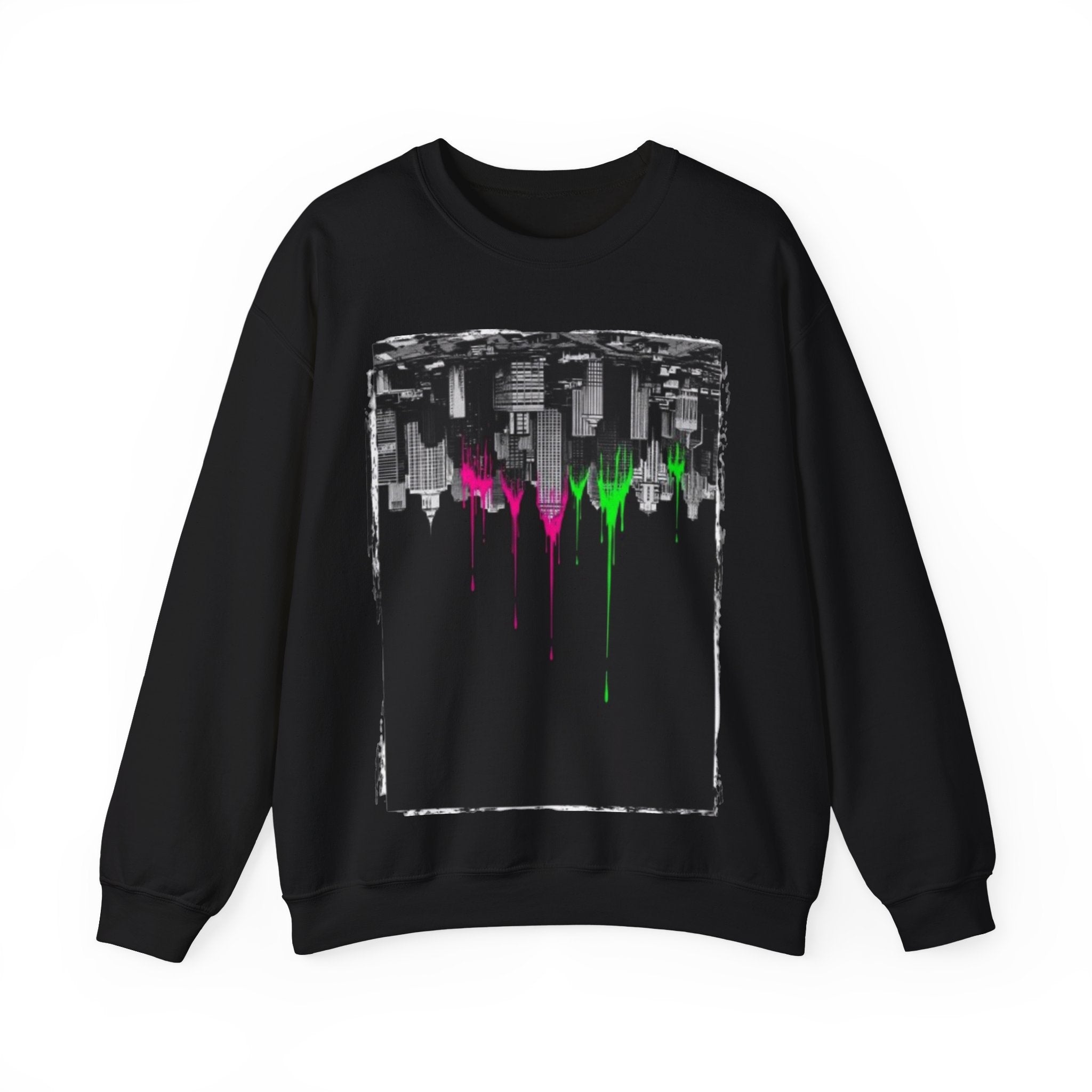 Cityscape Drip Crewneck Sweatshirt — Neon Skyline Paint Drip