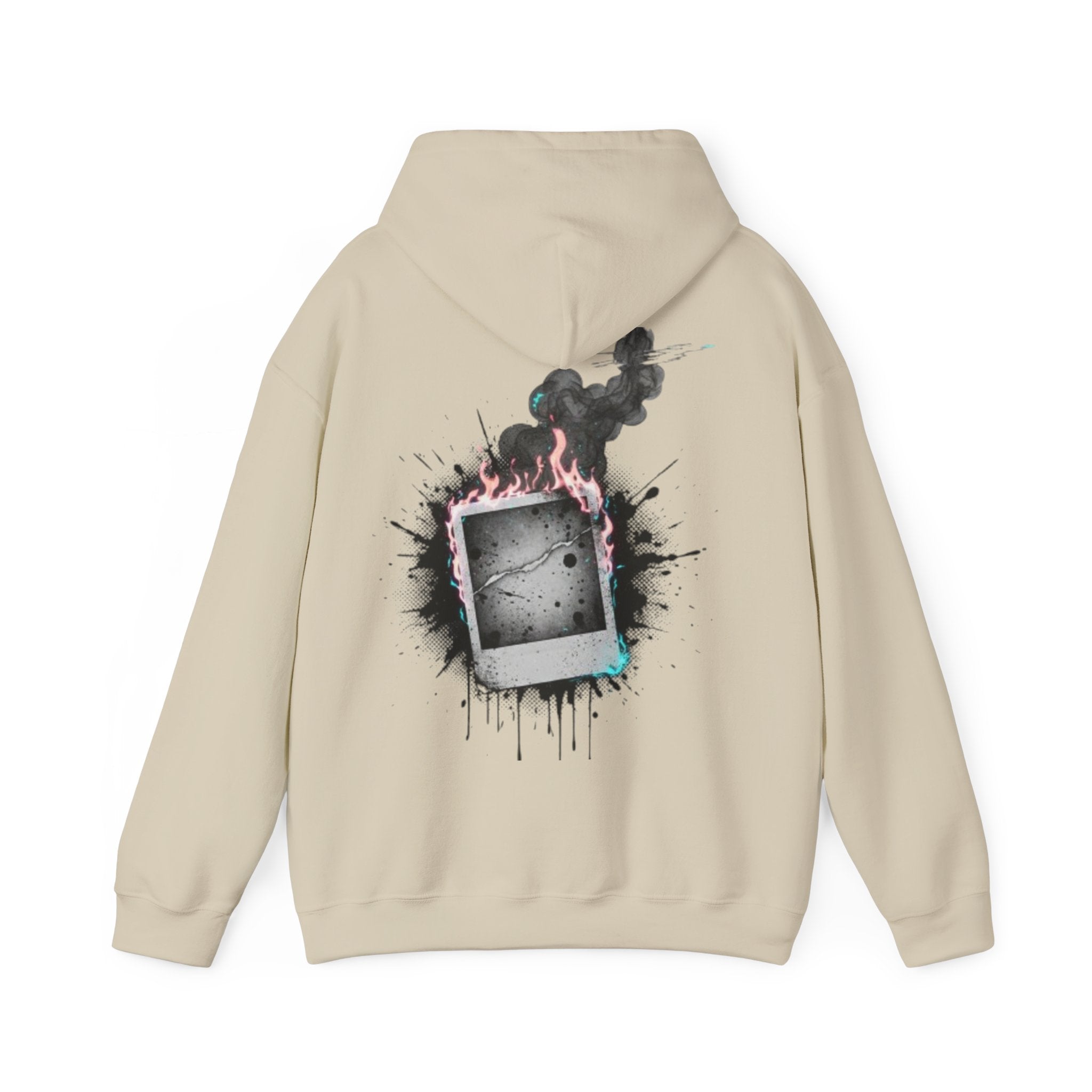 Burning Polaroid Hoodie — Retro Photo Flame Graphic Hooded Sweatshirt