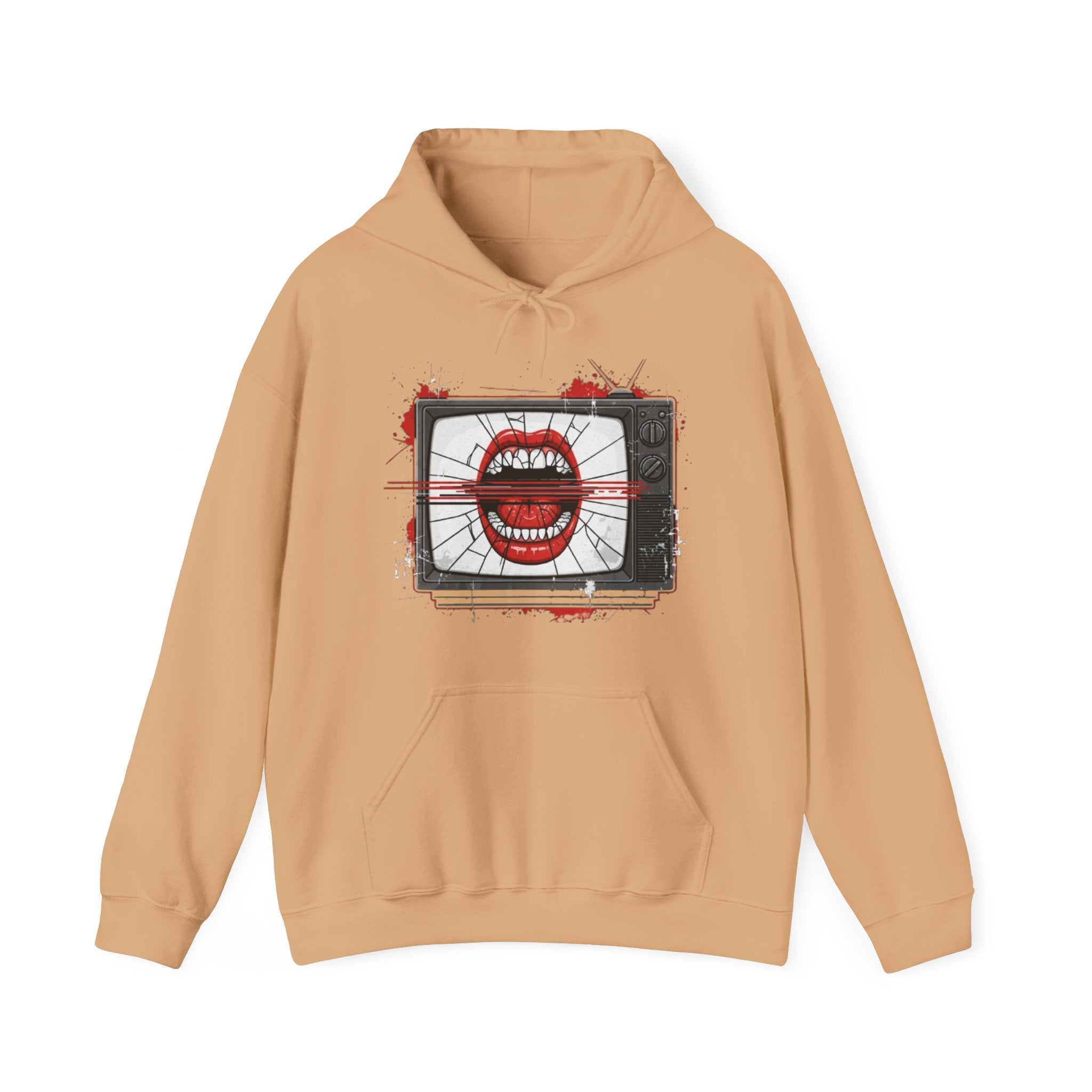 TV Static Mouth Graphic Hoodie — Retro Horror Streetwear