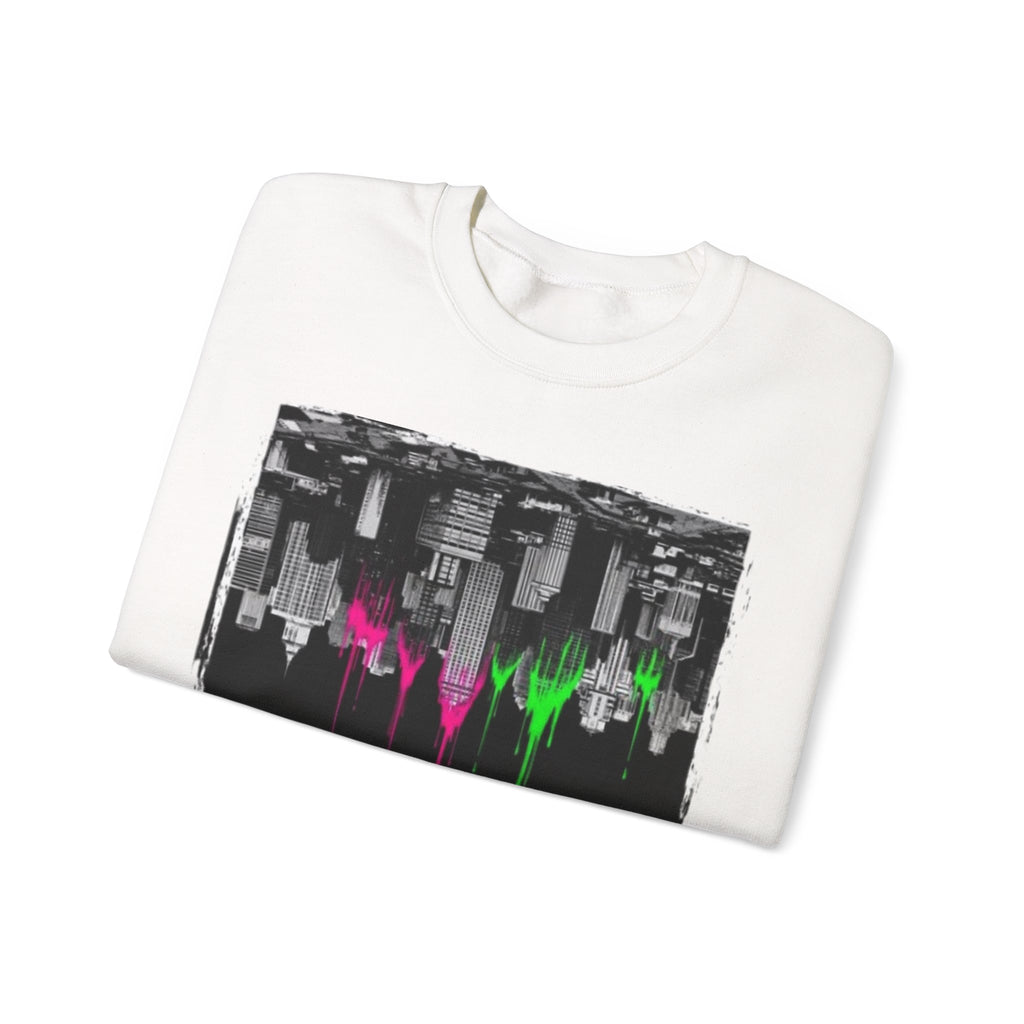 Cityscape Drip Crewneck Sweatshirt — Neon Skyline Paint Drip