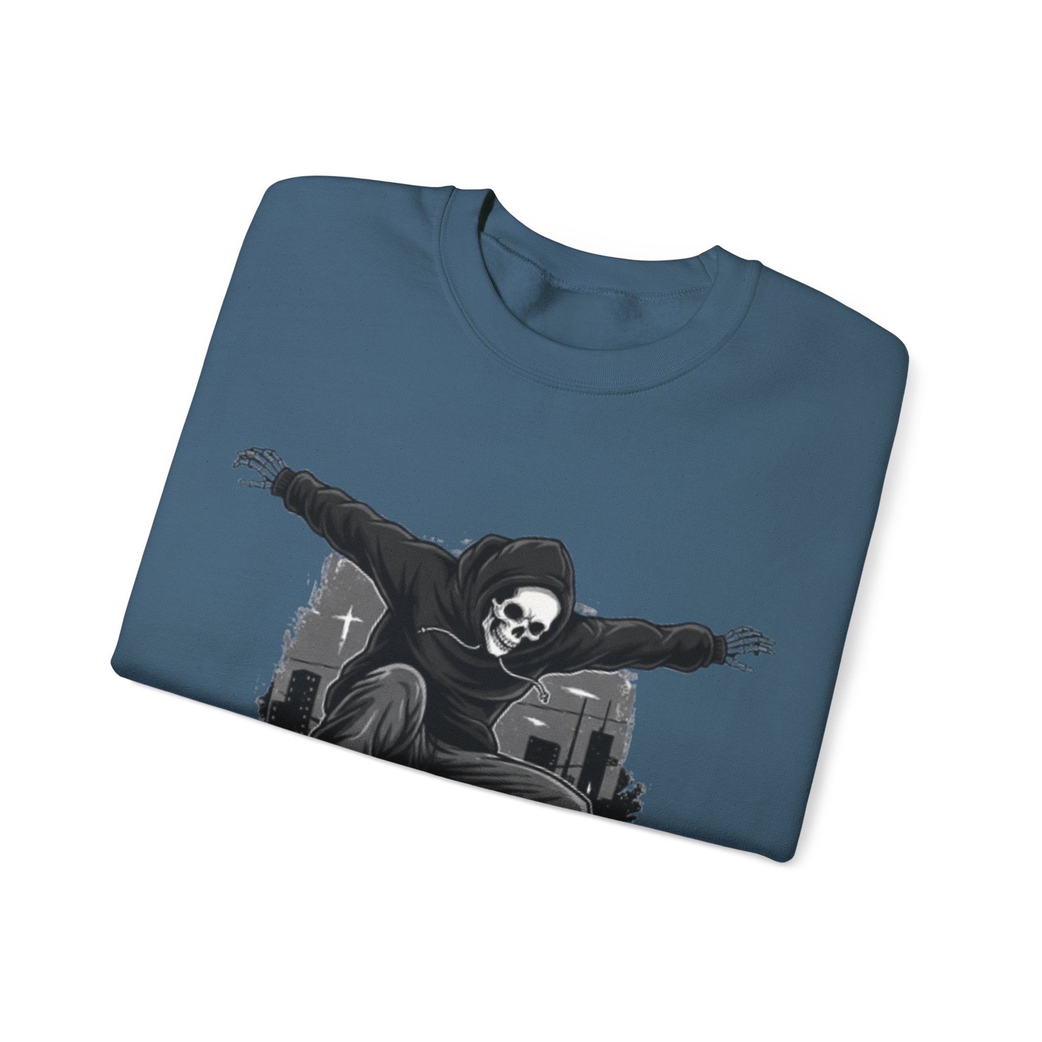 Skull Skateboarder Crewneck Sweatshirt — Flaming Skate Trick Graphic