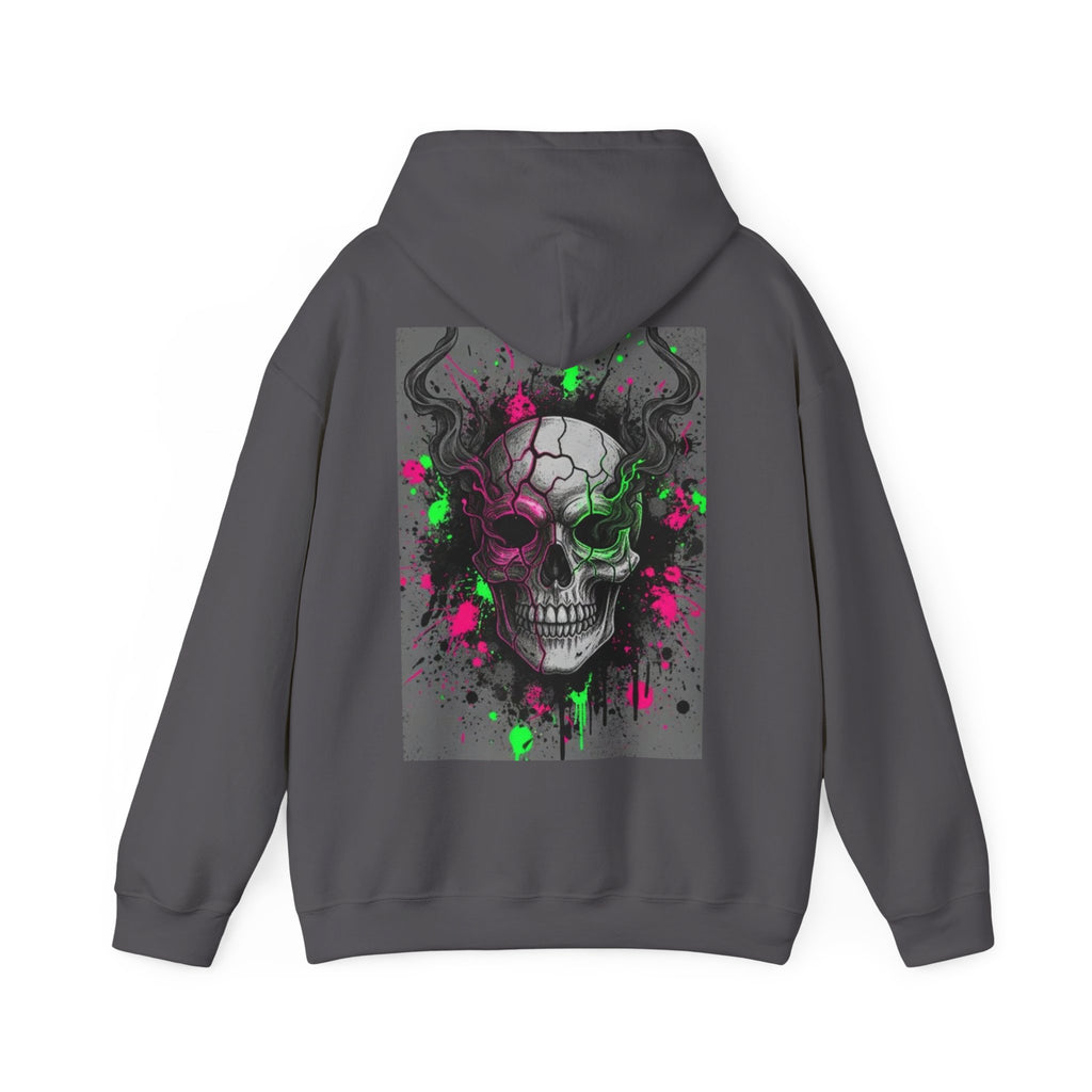 Skull Graffiti Hoodie — Neon Splatter Horror Skull Back Print