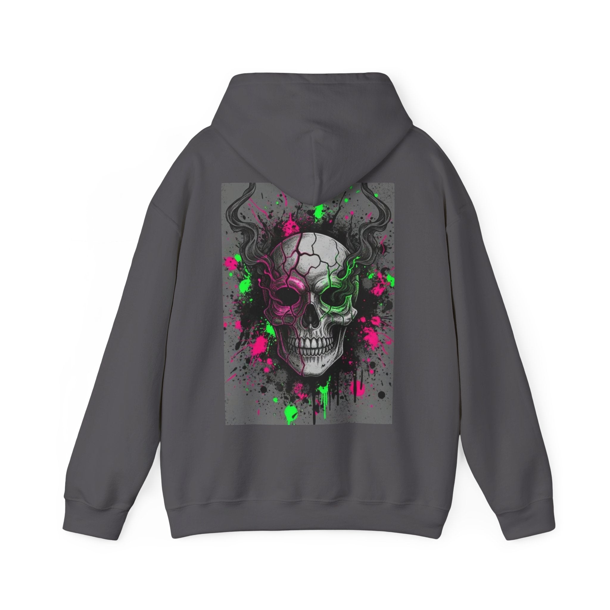 Skull Graffiti Hoodie — Neon Splatter Horror Skull Back Print