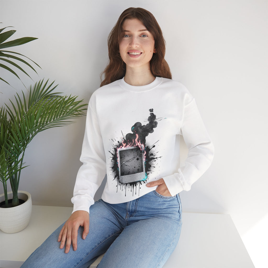 Burning Polaroid Crewneck Sweatshirt — Vintage Photo Flame Graphic