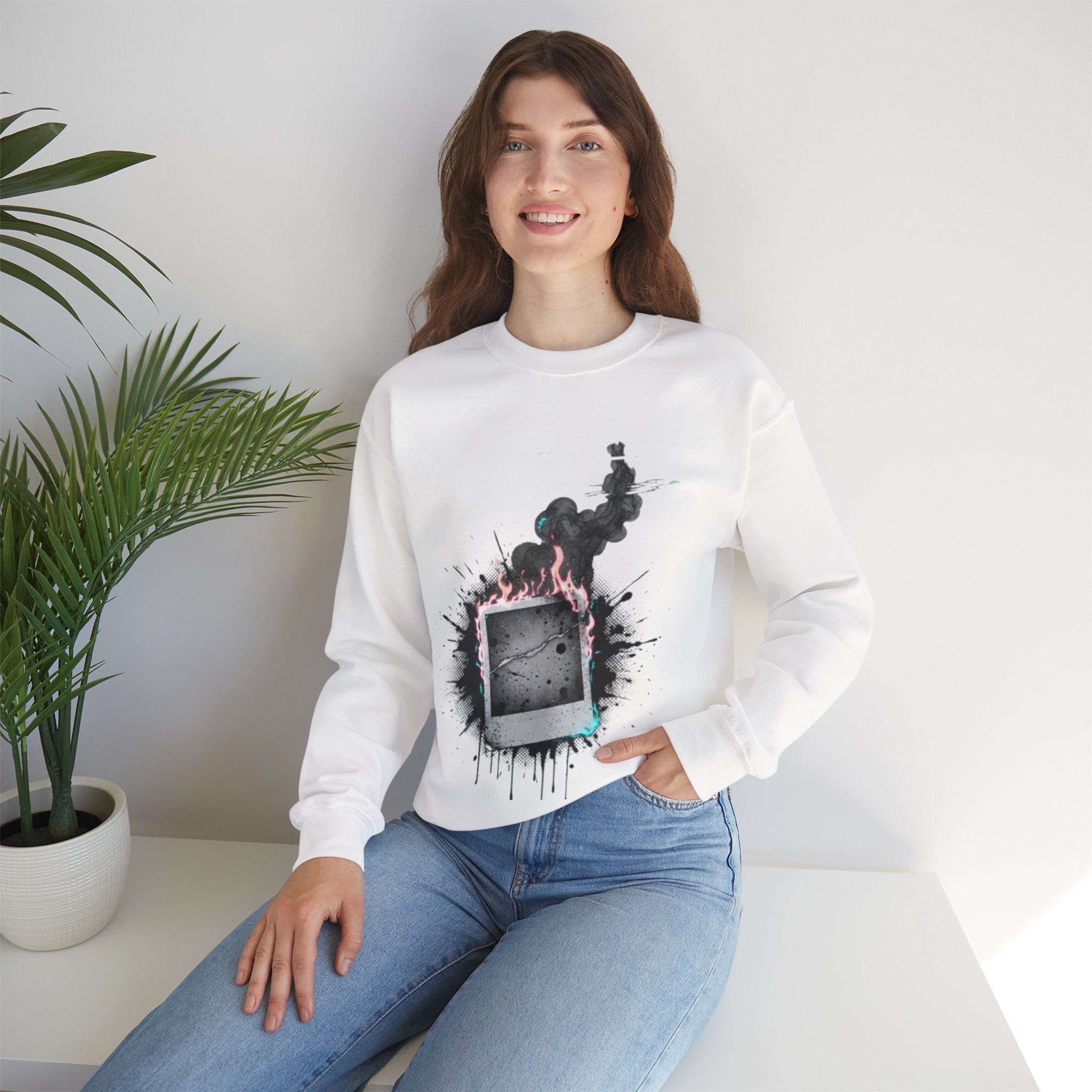 Burning Polaroid Crewneck Sweatshirt — Vintage Photo Flame Graphic