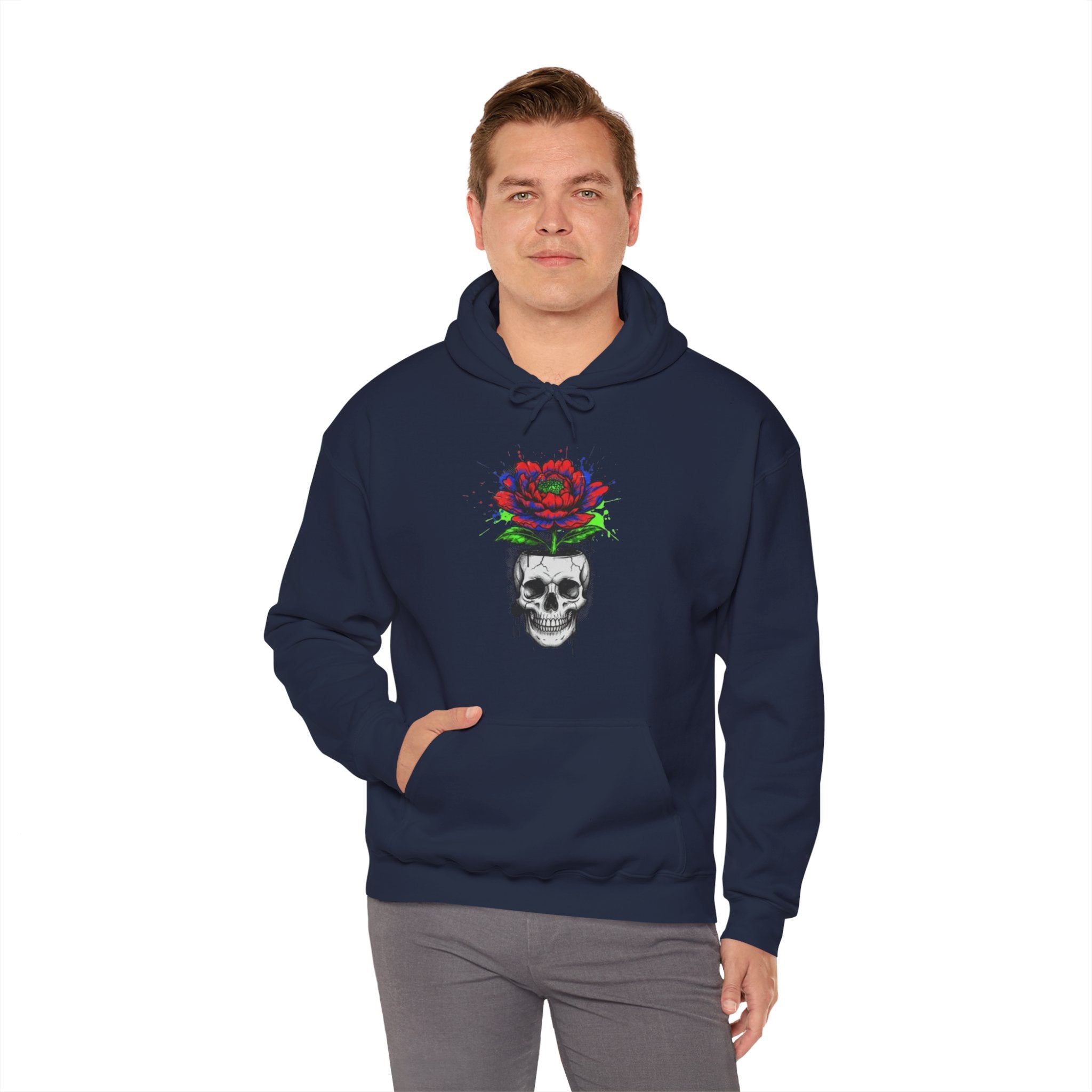 Skull with Bloom Hoodie — Gothic Rose Skull Graphic Pullover