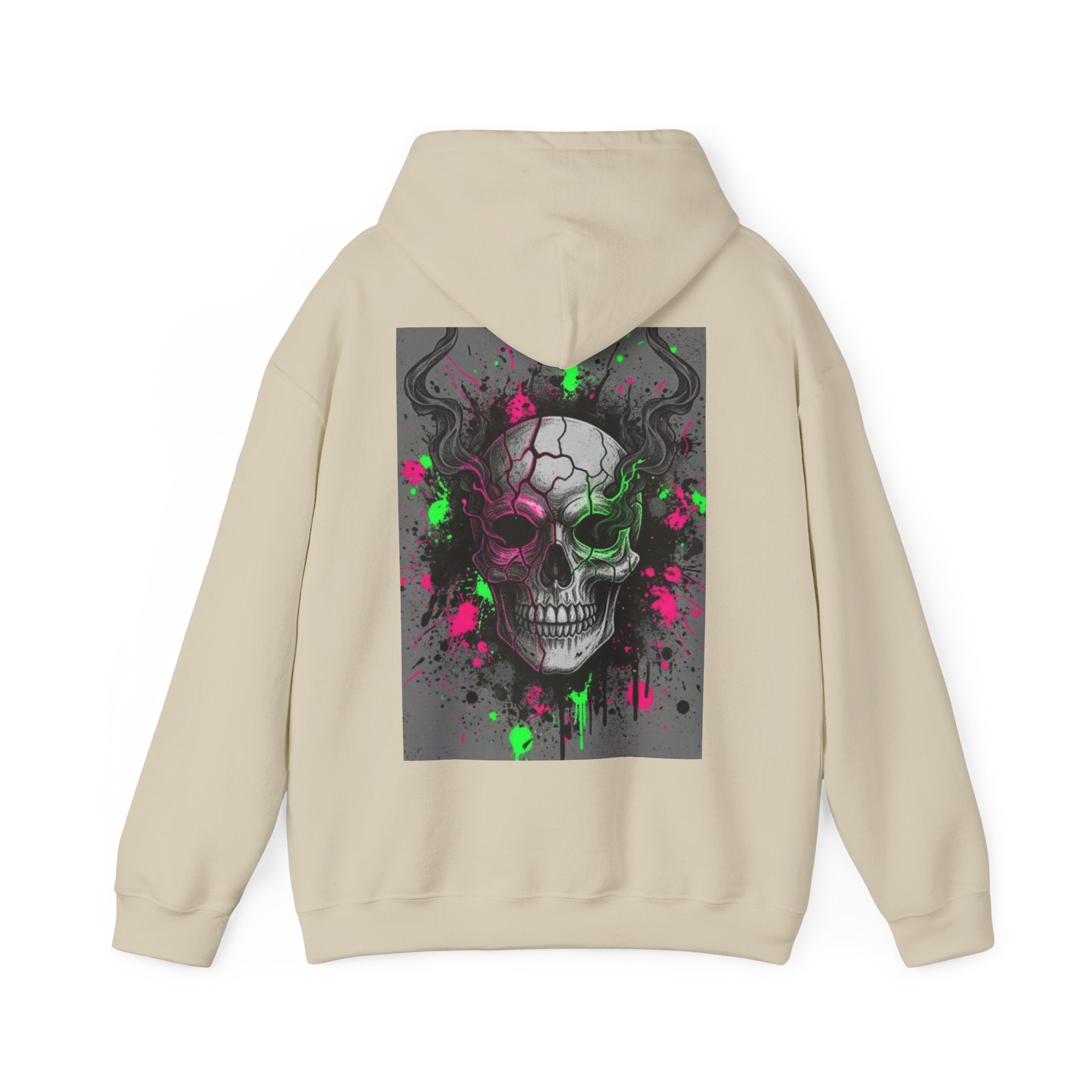 Skull Graffiti Hoodie — Neon Splatter Horror Skull Back Print