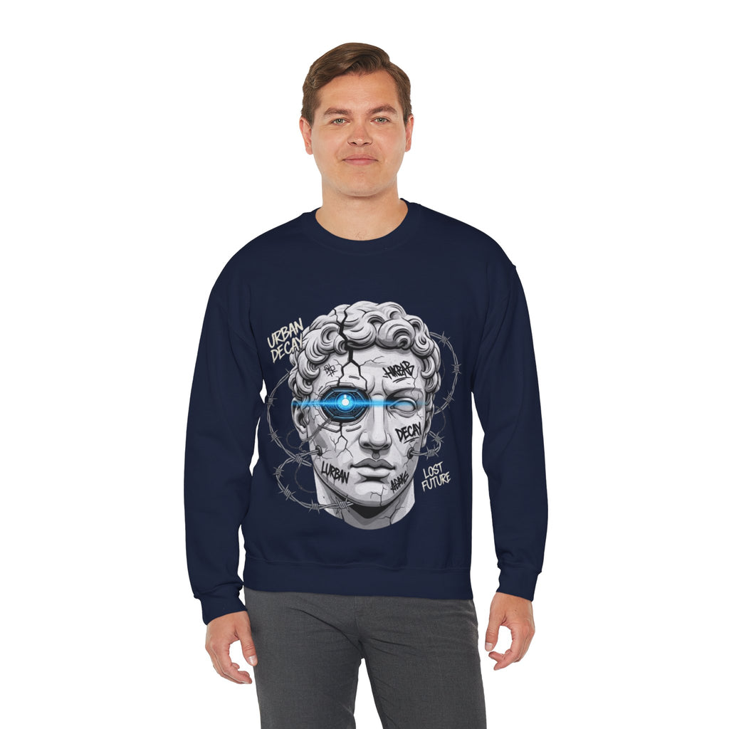 Cyber Statue Crewneck Sweatshirt — 'Urban Decay' Graffiti Bust with Blue Cyber Eye