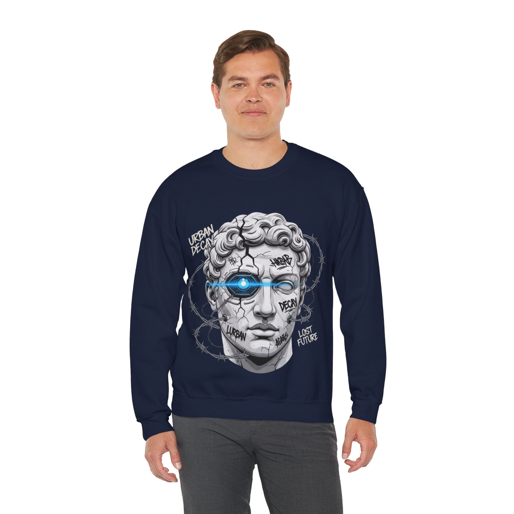 Cyber Statue Crewneck Sweatshirt — 'Urban Decay' Graffiti Bust with Blue Cyber Eye