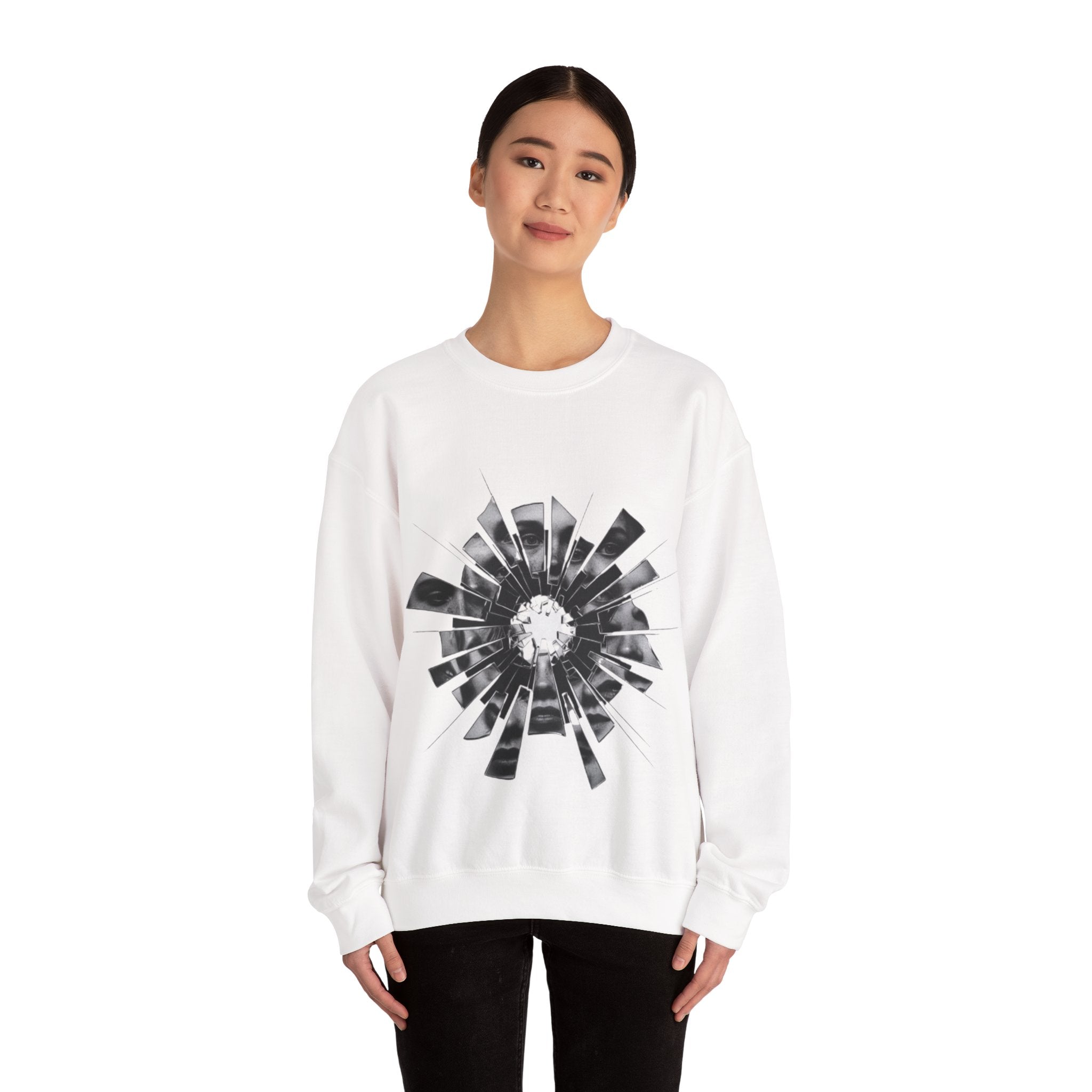 Broken Glass Flower Crewneck Sweatshirt — Monochrome Shattered Floral Graphic
