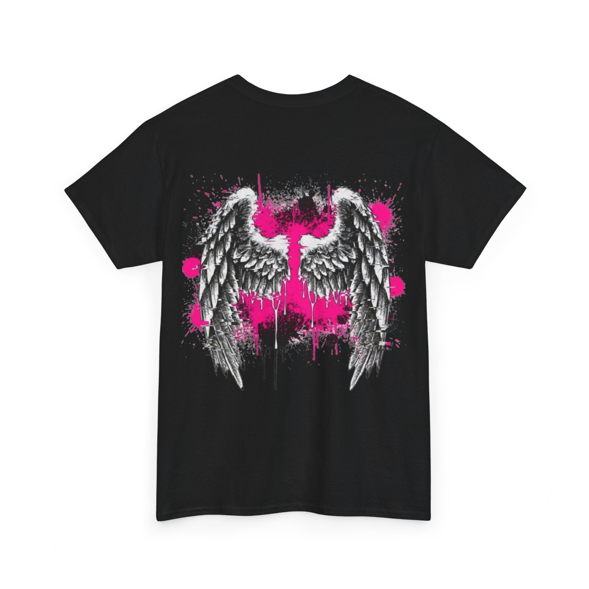 T-Shirt — Grunge Angel Wings with Pink Paint Splatter