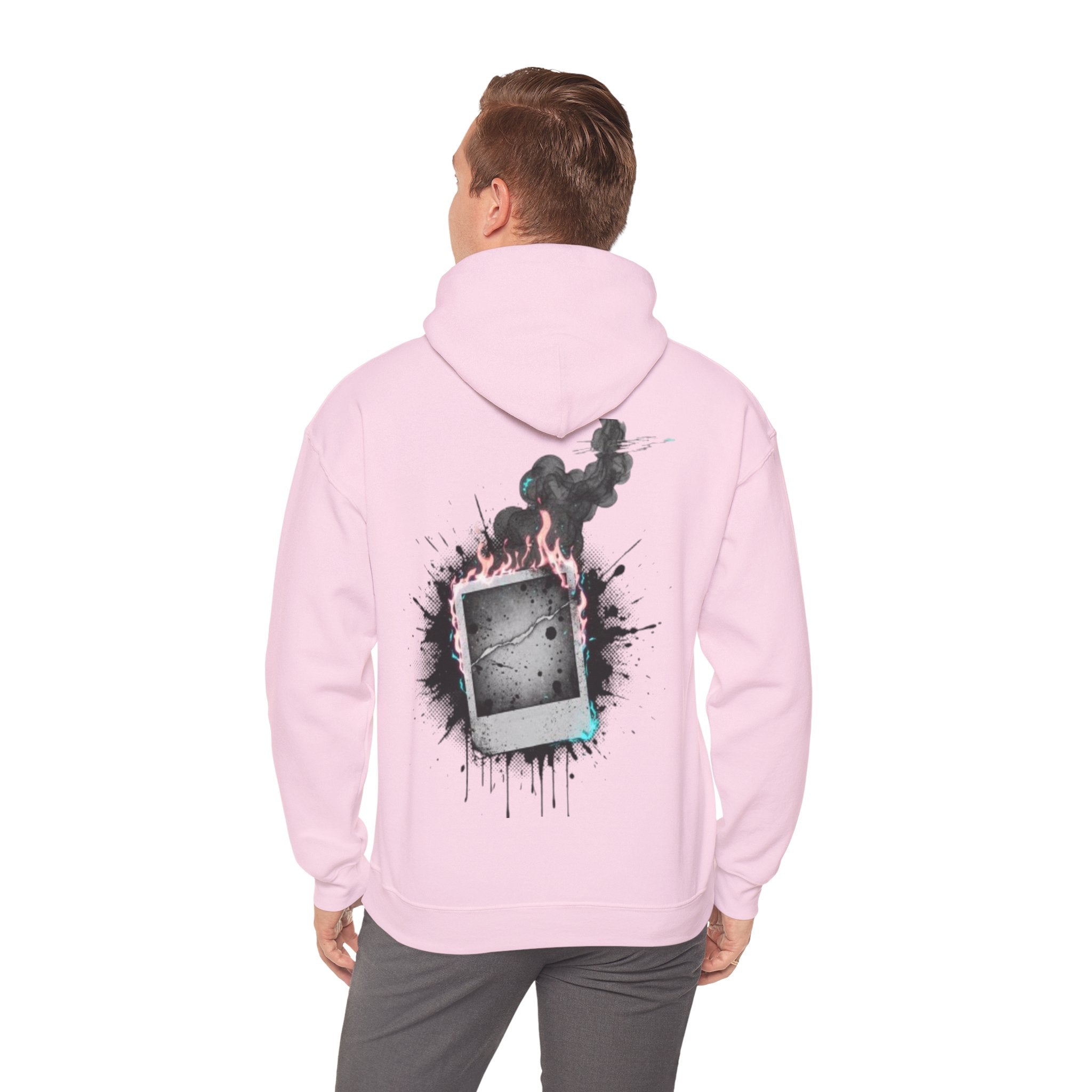 Burning Polaroid Hoodie — Retro Photo Flame Graphic Hooded Sweatshirt