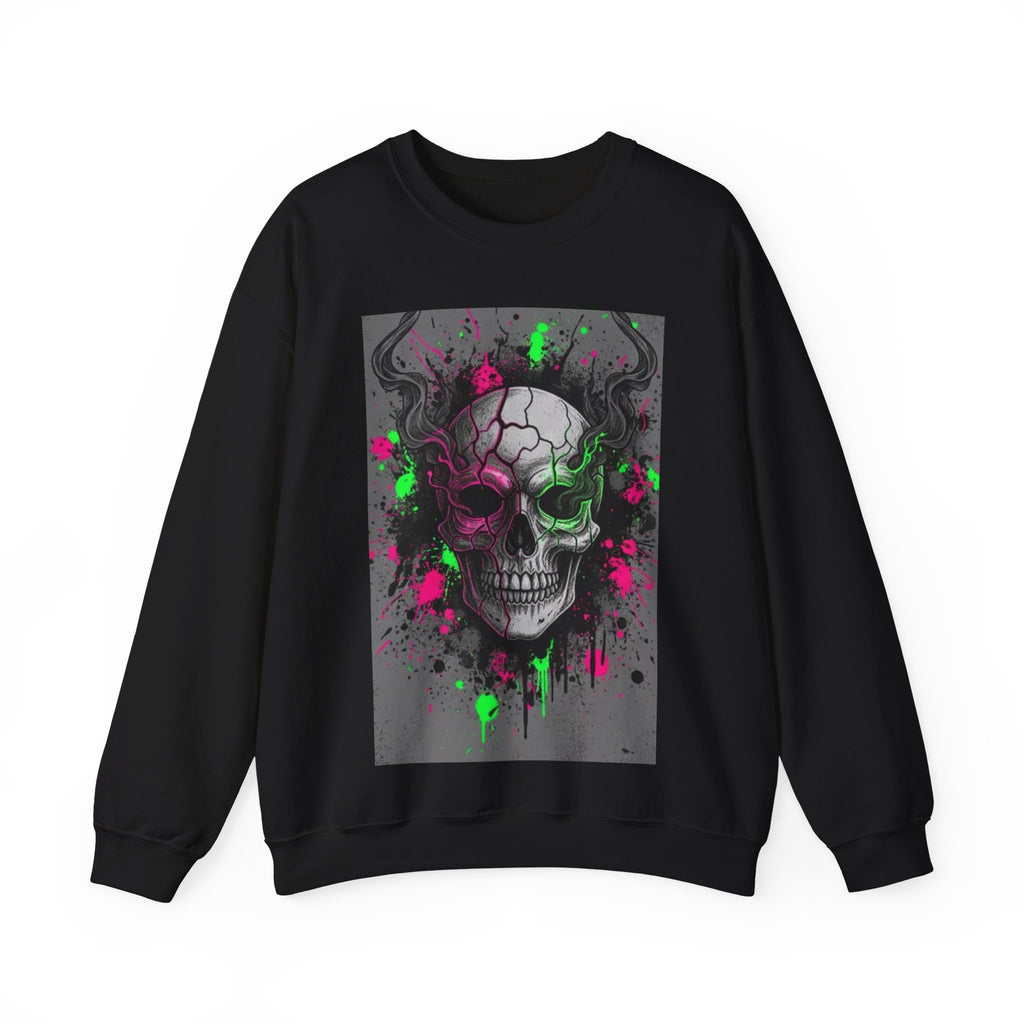 Skull Graffiti Crewneck Sweatshirt — Neon Paint Splatter Skull Graphic