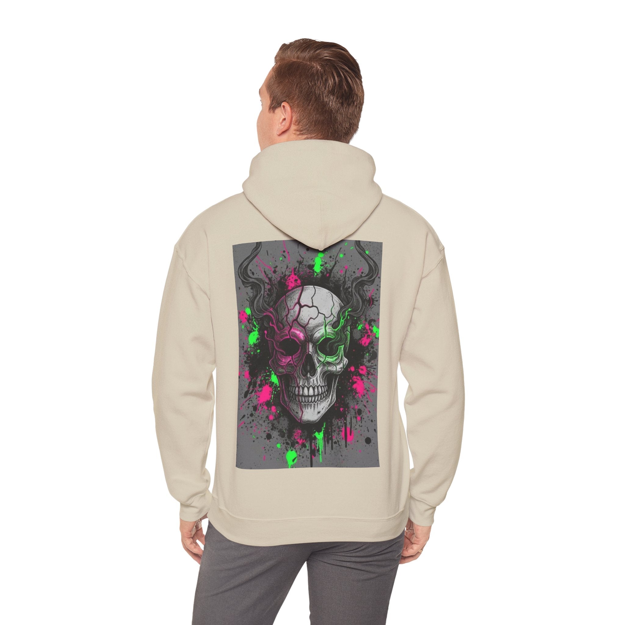 Skull Graffiti Hoodie — Neon Splatter Horror Skull Back Print