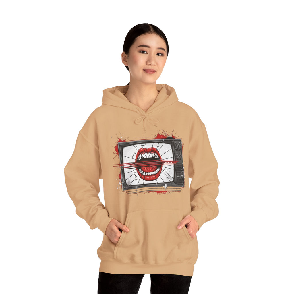 TV Static Mouth Graphic Hoodie — Retro Horror Streetwear