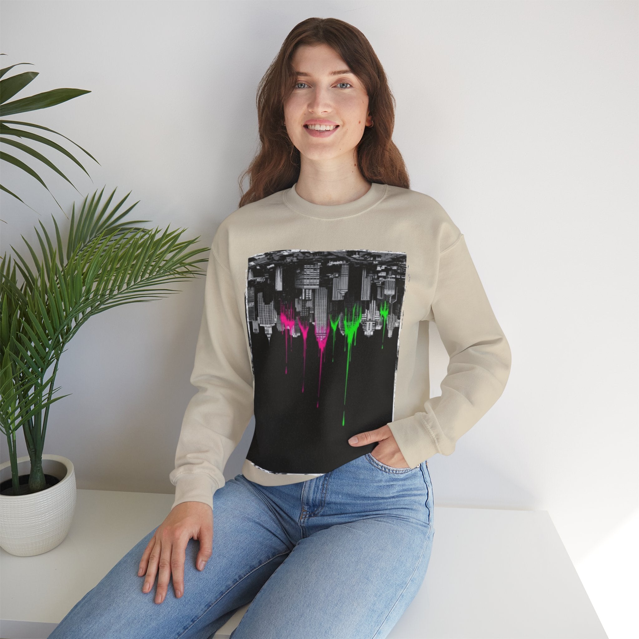 Cityscape Drip Crewneck Sweatshirt — Neon Skyline Paint Drip