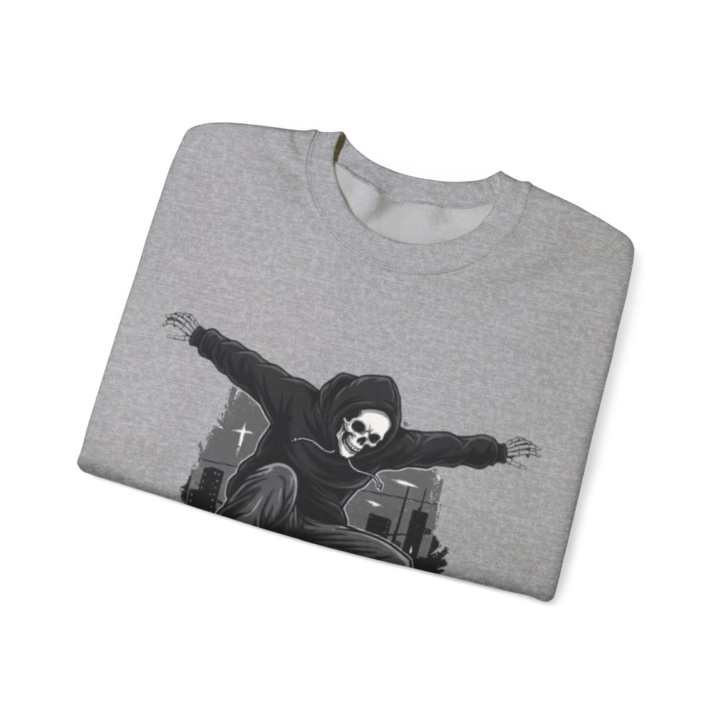 Skull Skateboarder Crewneck Sweatshirt — Flaming Skate Trick Graphic