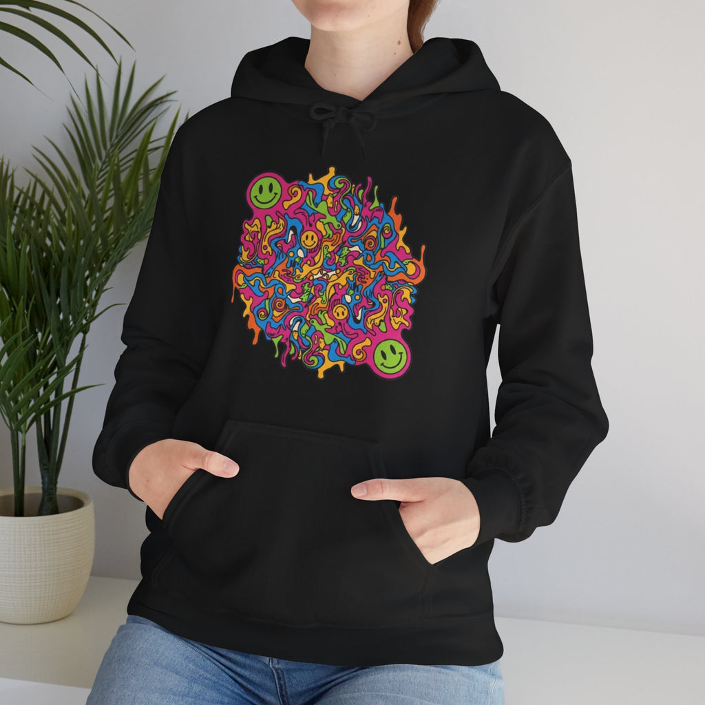 Psychedelic Smiley Hoodie — Colorful Drip Alien Art Pullover
