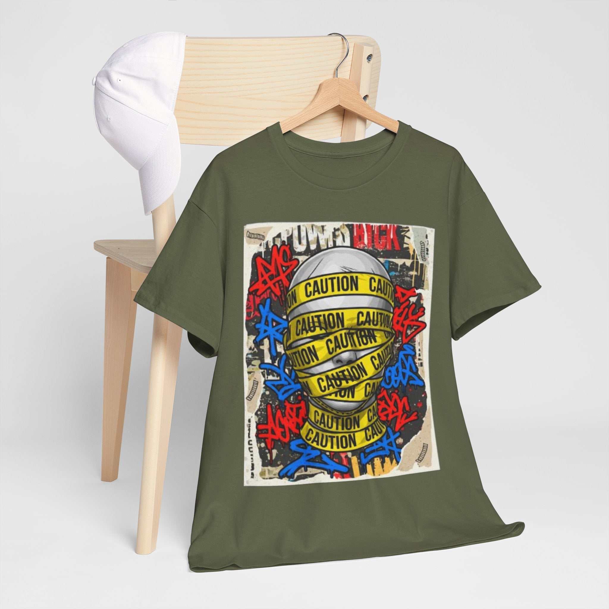 Caution Tape Street Art Tee — Urban Graffiti Graphic T-Shirt