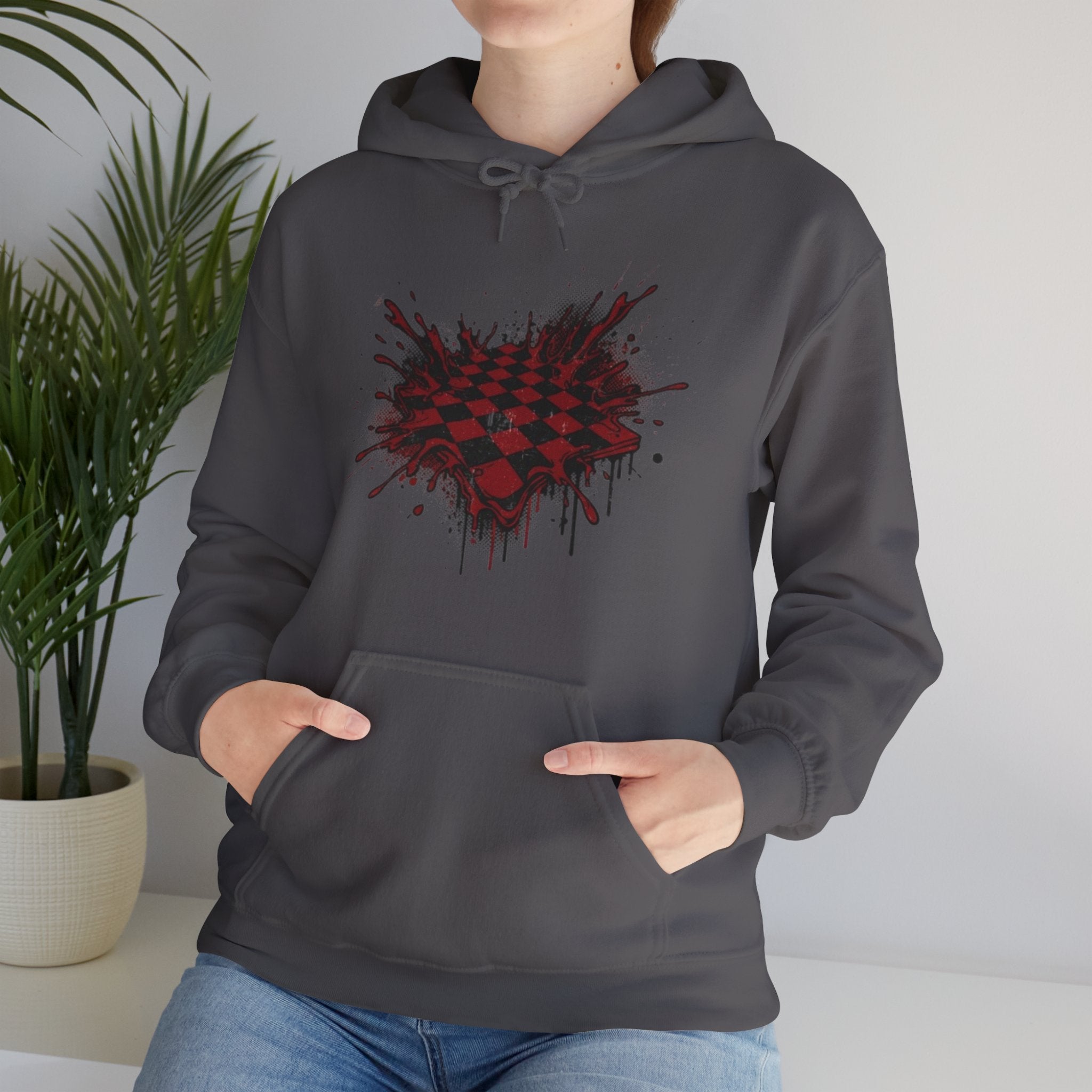 Red Grunge Checkerboard Heart Hoodie – Gothic Streetwear Pullover