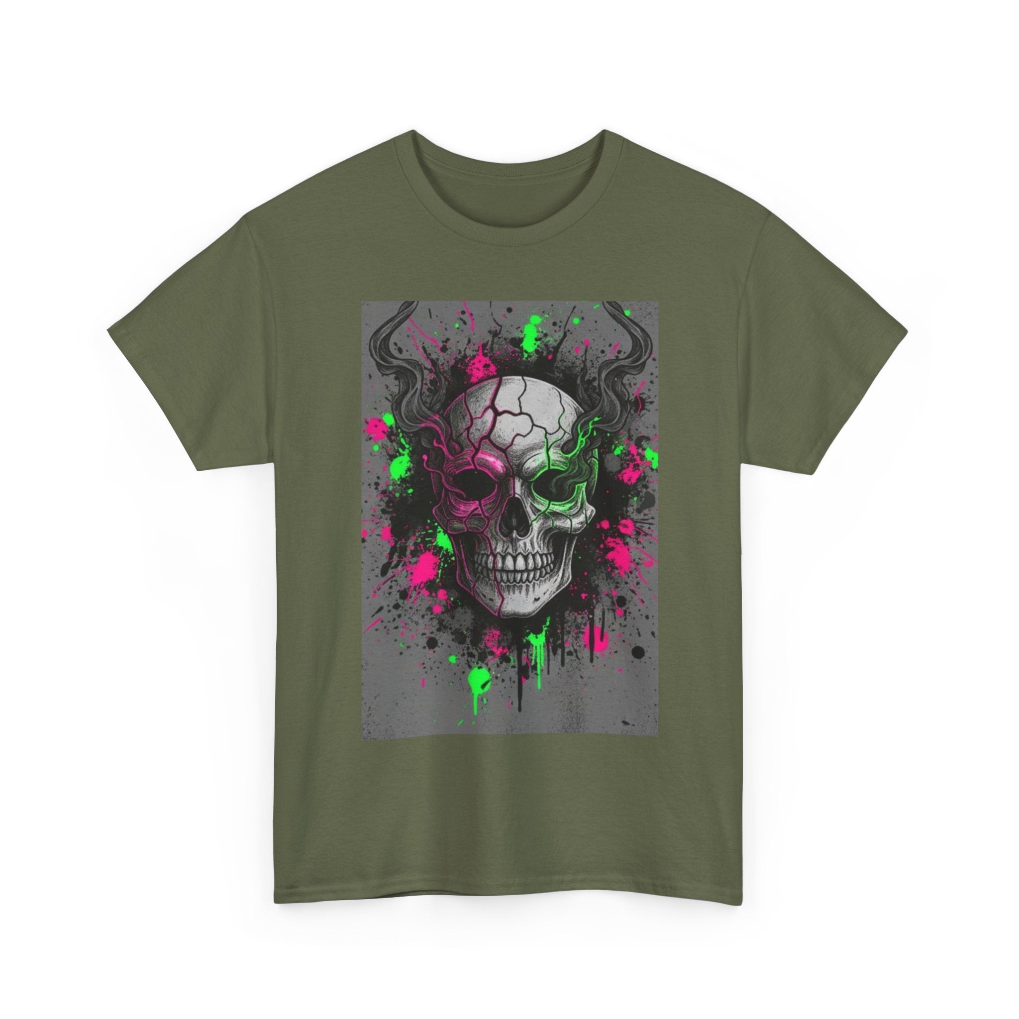Skull Graffiti T‑Shirt — Neon Green & Pink Drip Skull Tee