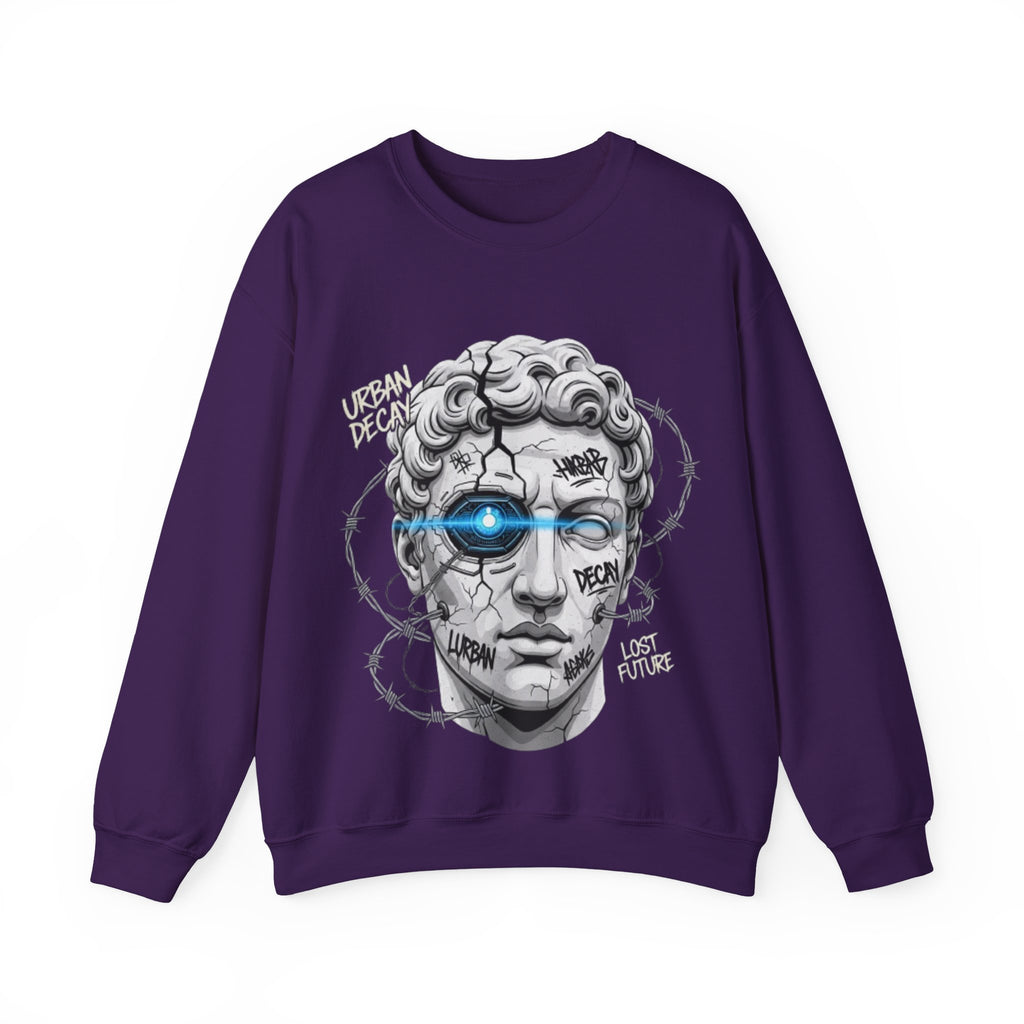 Cyber Statue Crewneck Sweatshirt — 'Urban Decay' Graffiti Bust with Blue Cyber Eye