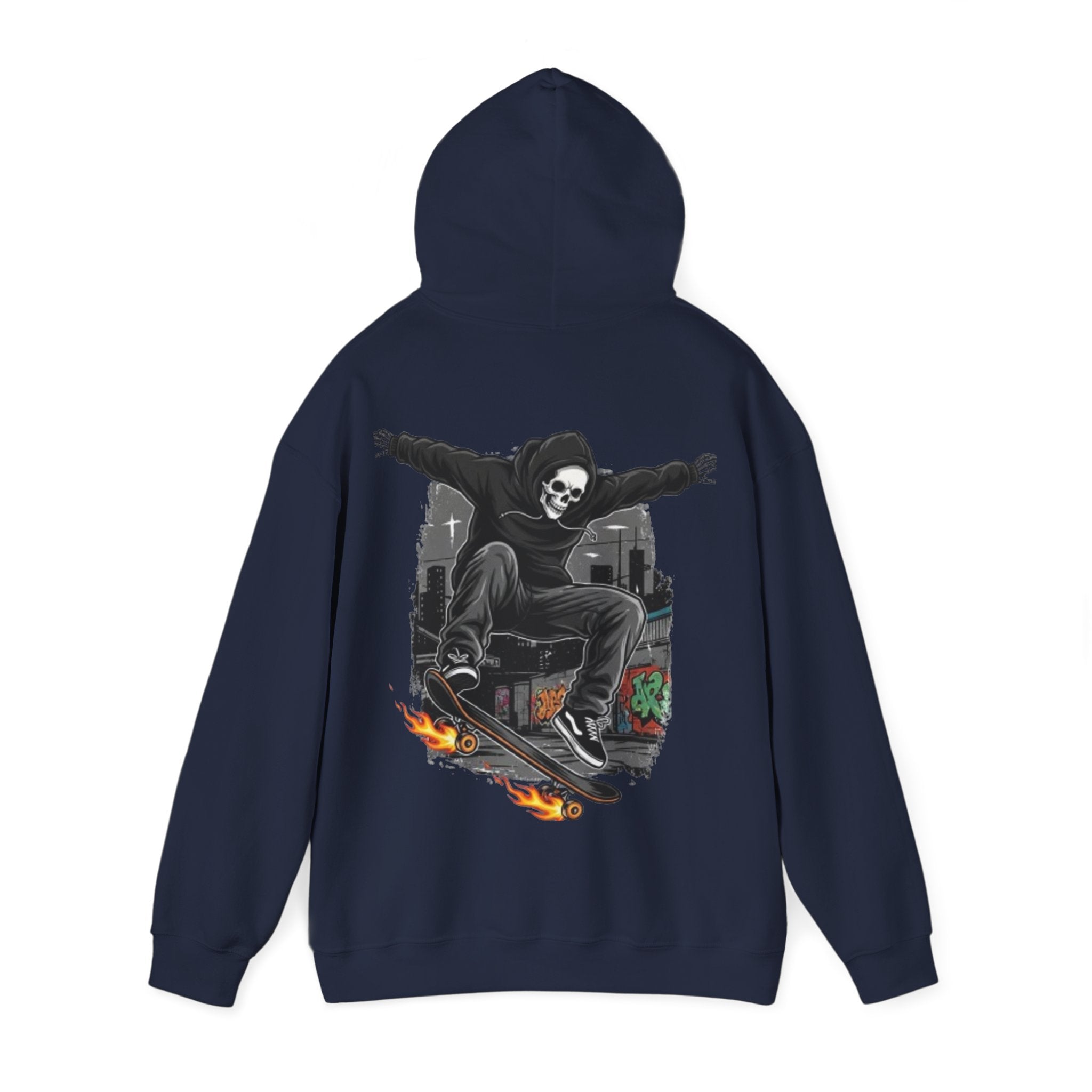 Skull Skater Hoodie — Flaming Skateboard Streetwear Pullover