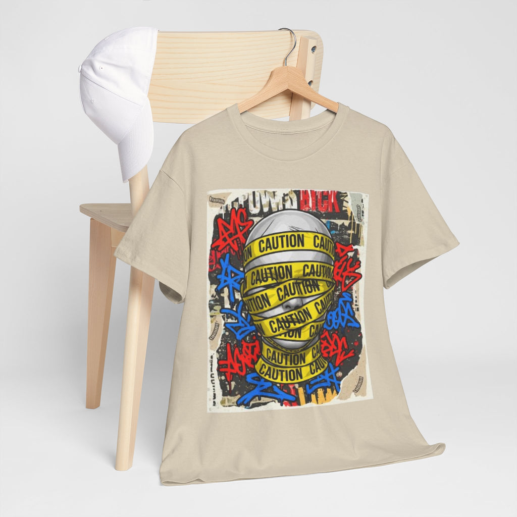 Caution Tape Street Art Tee — Urban Graffiti Graphic T-Shirt
