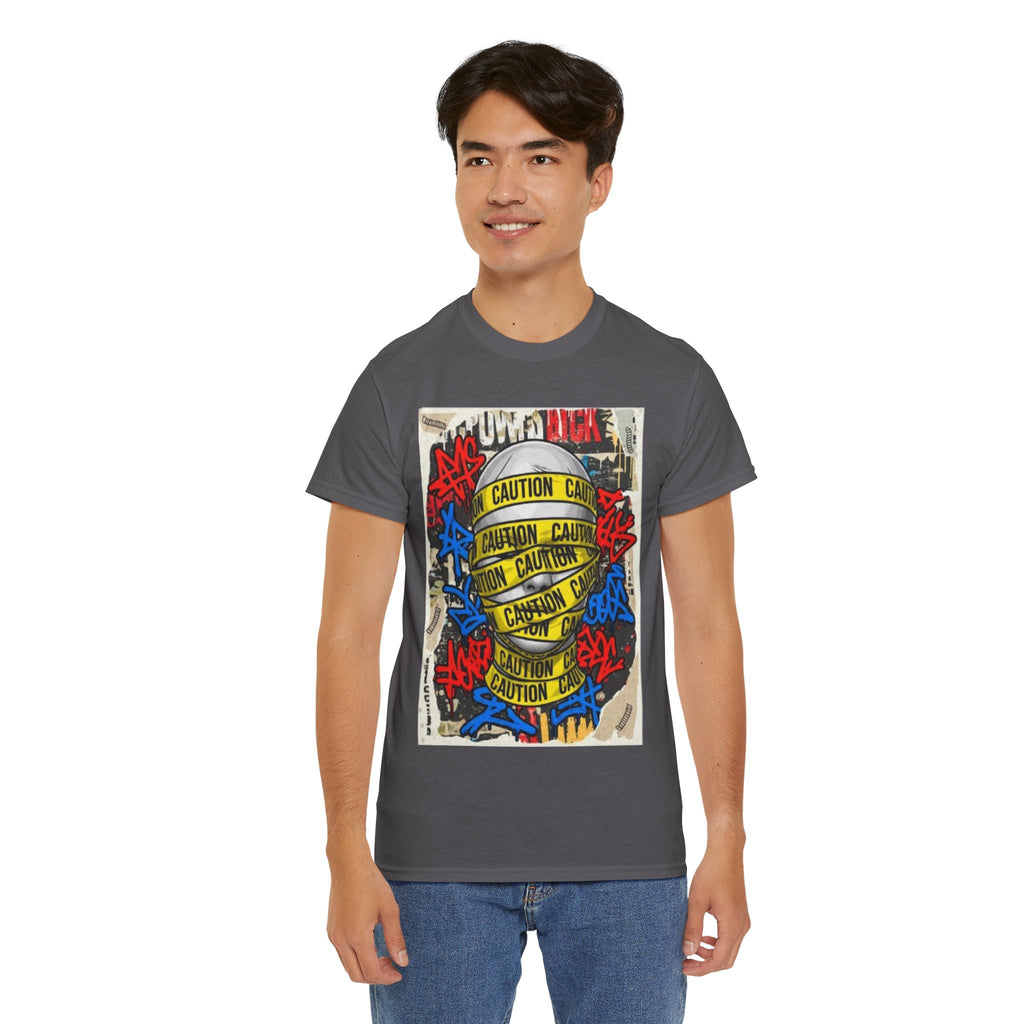 Caution Tape Street Art Tee — Urban Graffiti Graphic T-Shirt