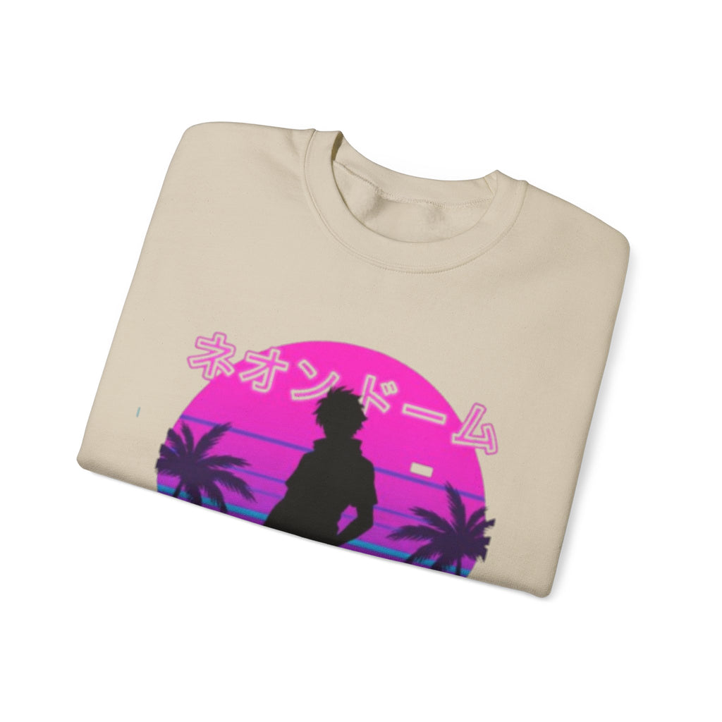Vaporwave Neon Dome Crewneck Sweatshirt — Japanese Sunset Silhouette