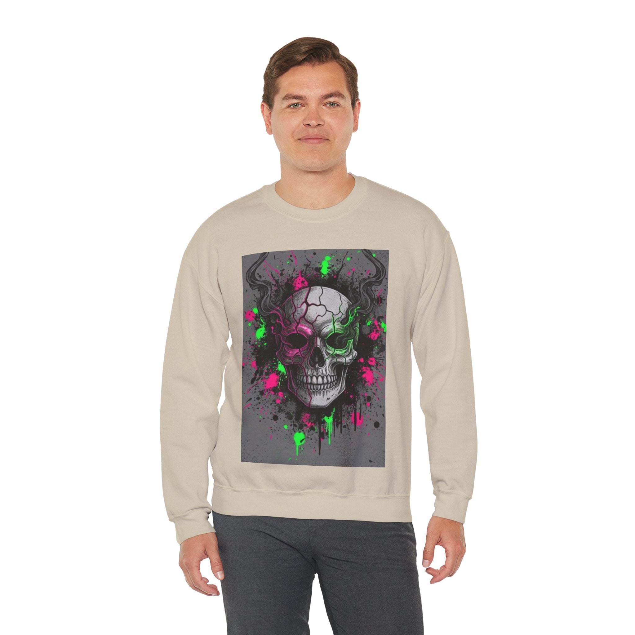 Skull Graffiti Crewneck Sweatshirt — Neon Paint Splatter Skull Graphic
