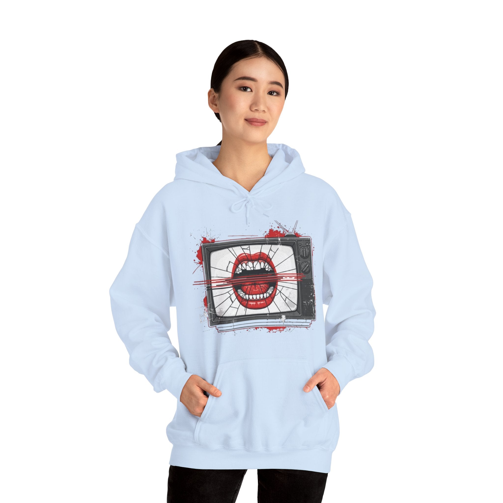 TV Static Mouth Graphic Hoodie — Retro Horror Streetwear