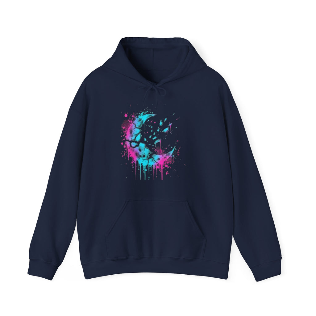 Paint-Splatter Crescent Moon Hoodie — Colorful Drip Art Sweatshirt