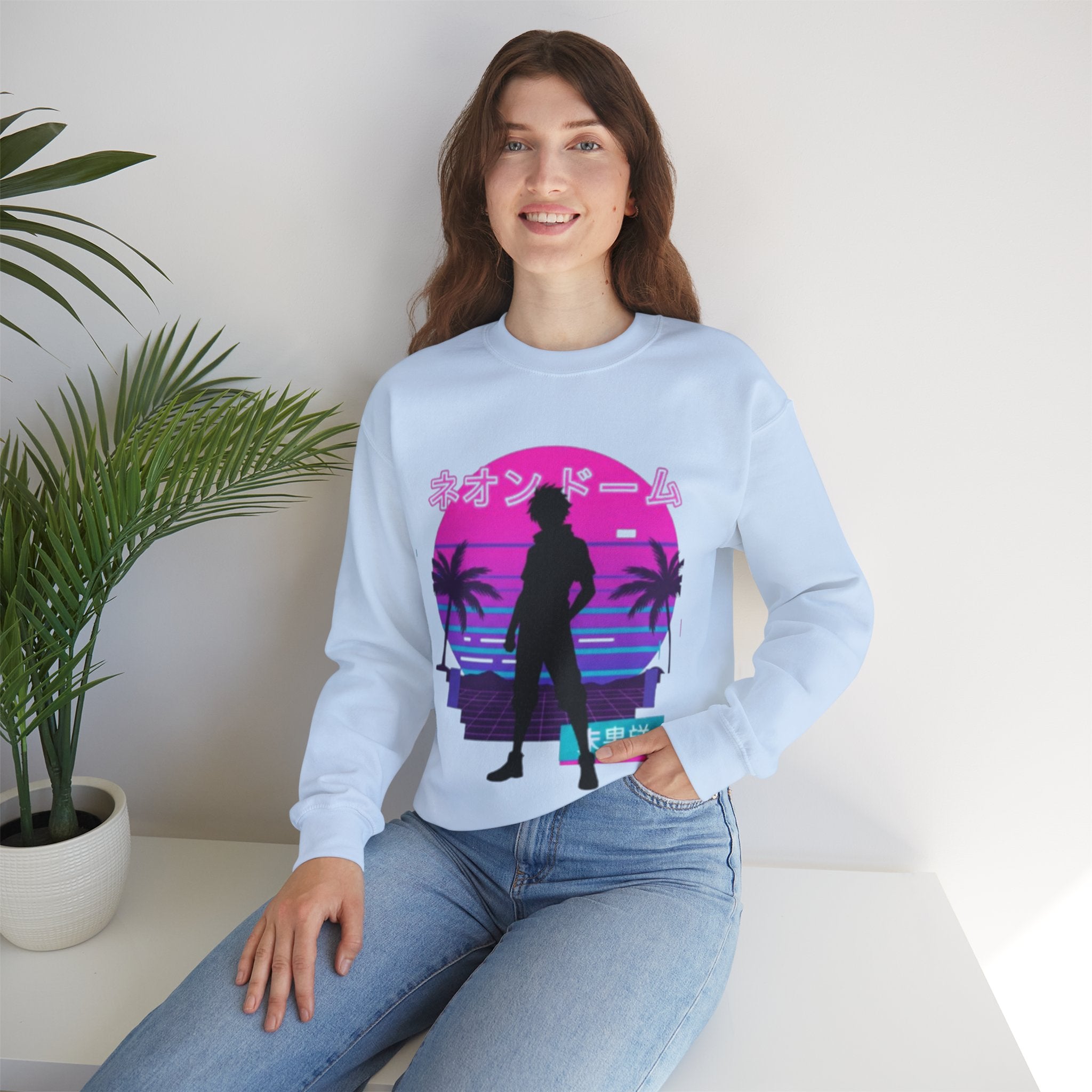 Vaporwave Neon Dome Crewneck Sweatshirt — Japanese Sunset Silhouette