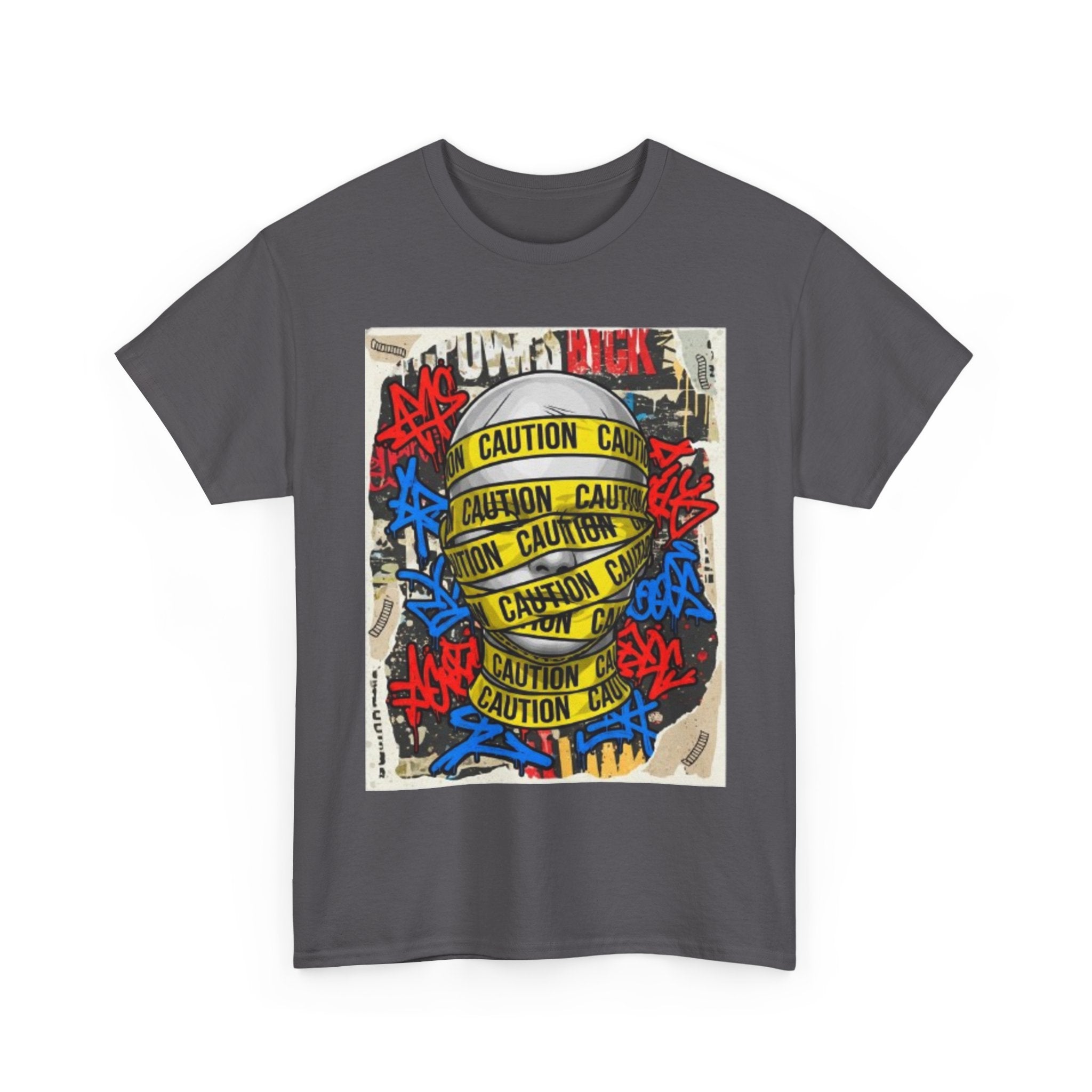 Caution Tape Street Art Tee — Urban Graffiti Graphic T-Shirt