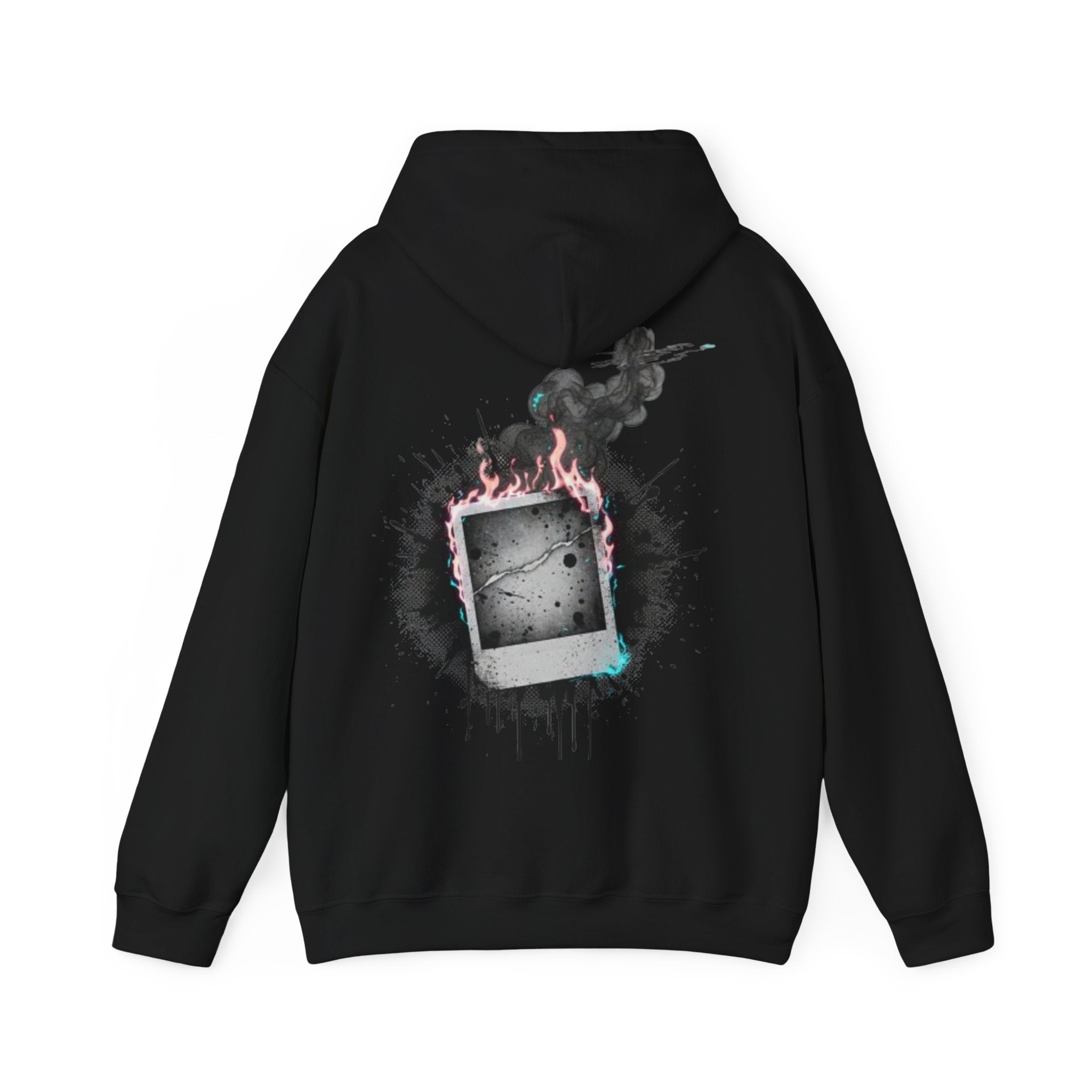 Burning Polaroid Hoodie — Retro Photo Flame Graphic Hooded Sweatshirt