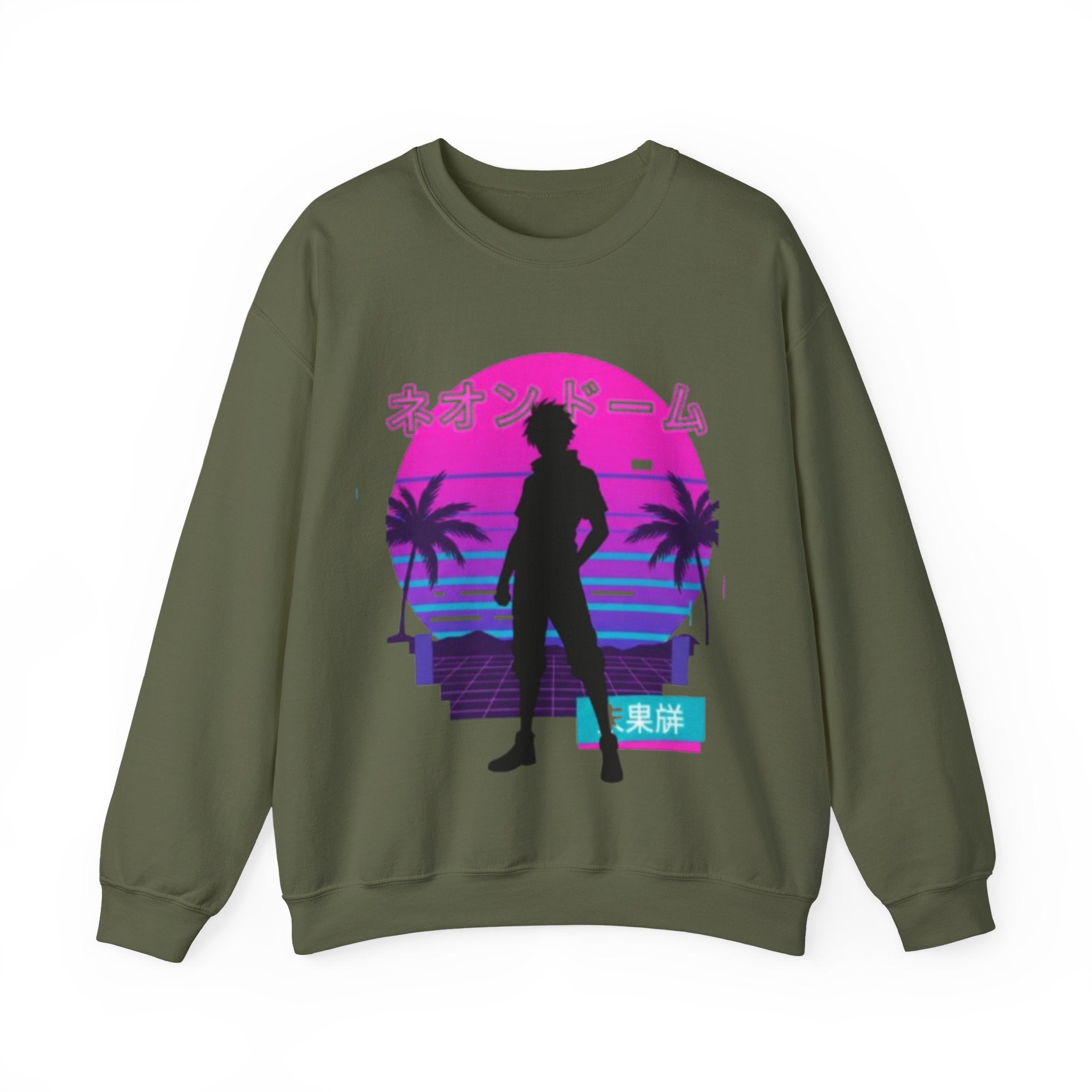 Vaporwave Neon Dome Crewneck Sweatshirt — Japanese Sunset Silhouette