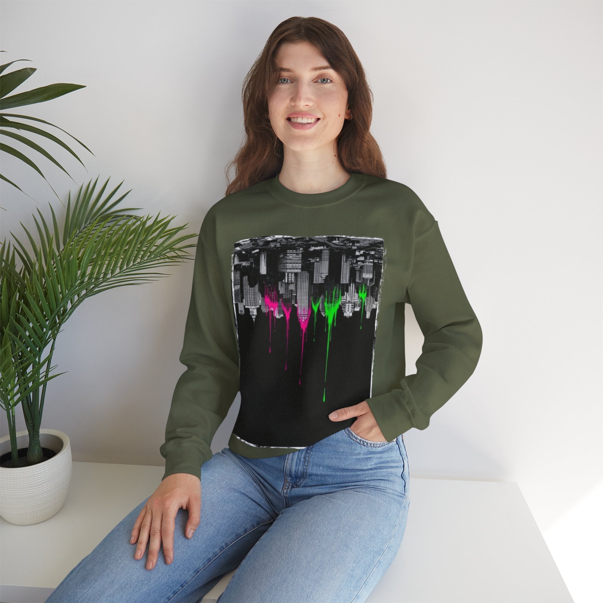 Cityscape Drip Crewneck Sweatshirt — Neon Skyline Paint Drip