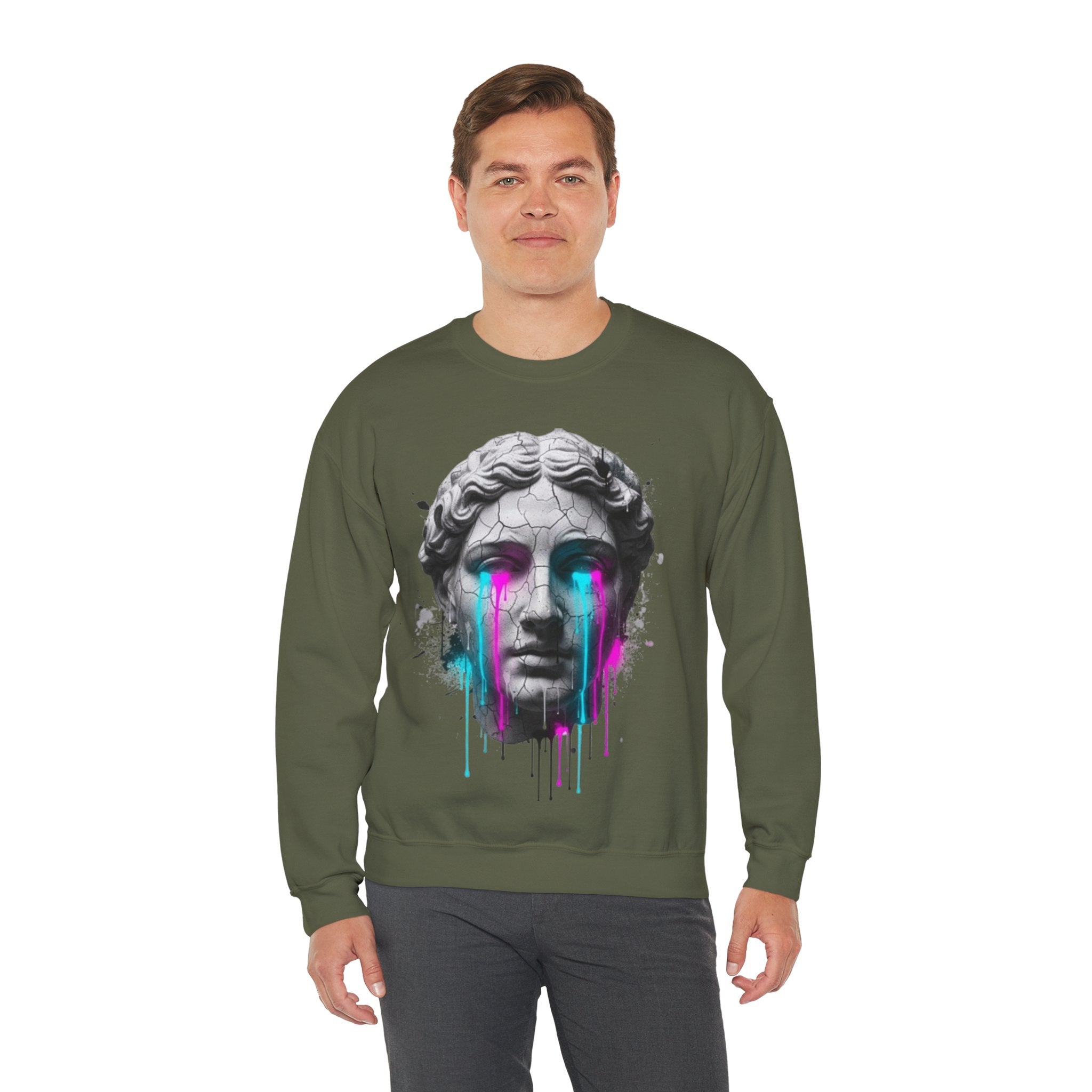 Statue Head Crewneck Sweatshirt — Neon Drip Greek Bust Graphic