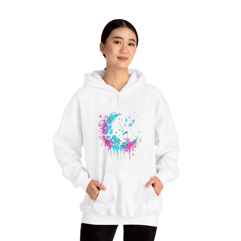 Paint-Splatter Crescent Moon Hoodie — Colorful Drip Art Sweatshirt