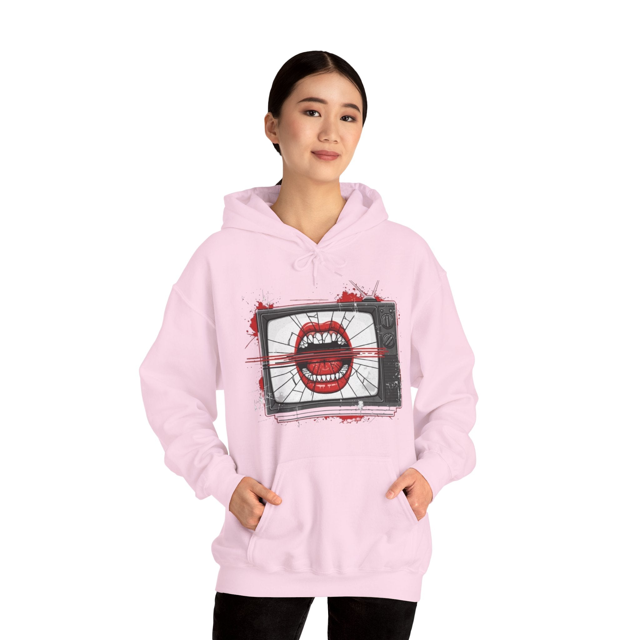 TV Static Mouth Graphic Hoodie — Retro Horror Streetwear