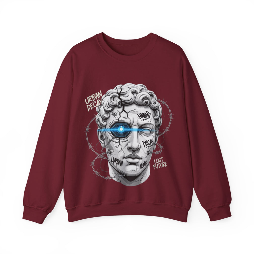 Cyber Statue Crewneck Sweatshirt — 'Urban Decay' Graffiti Bust with Blue Cyber Eye