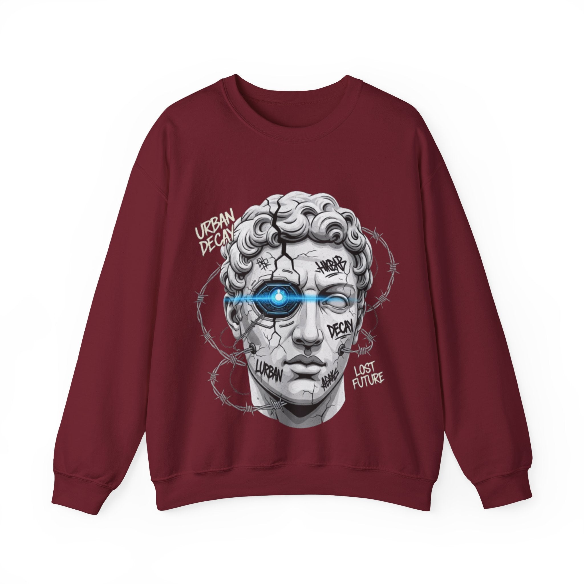 Cyber Statue Crewneck Sweatshirt — 'Urban Decay' Graffiti Bust with Blue Cyber Eye