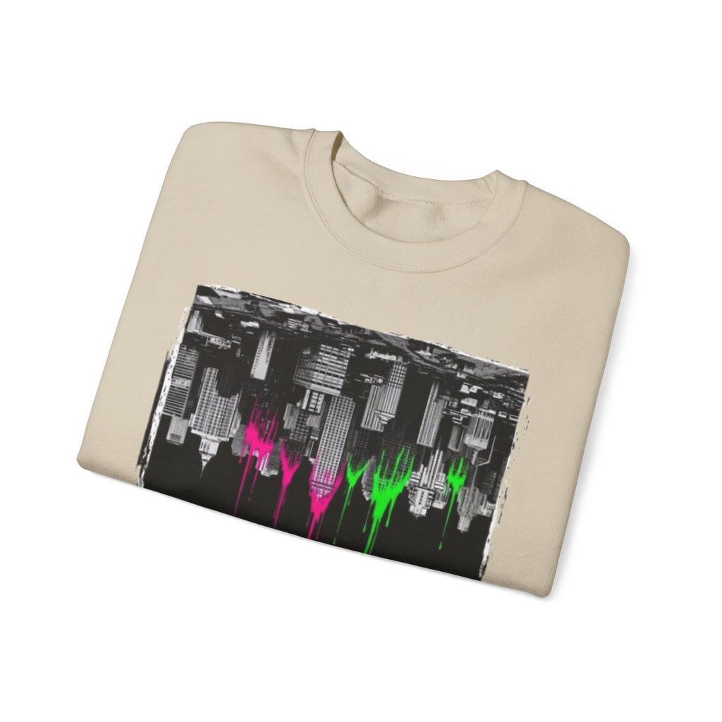 Cityscape Drip Crewneck Sweatshirt — Neon Skyline Paint Drip