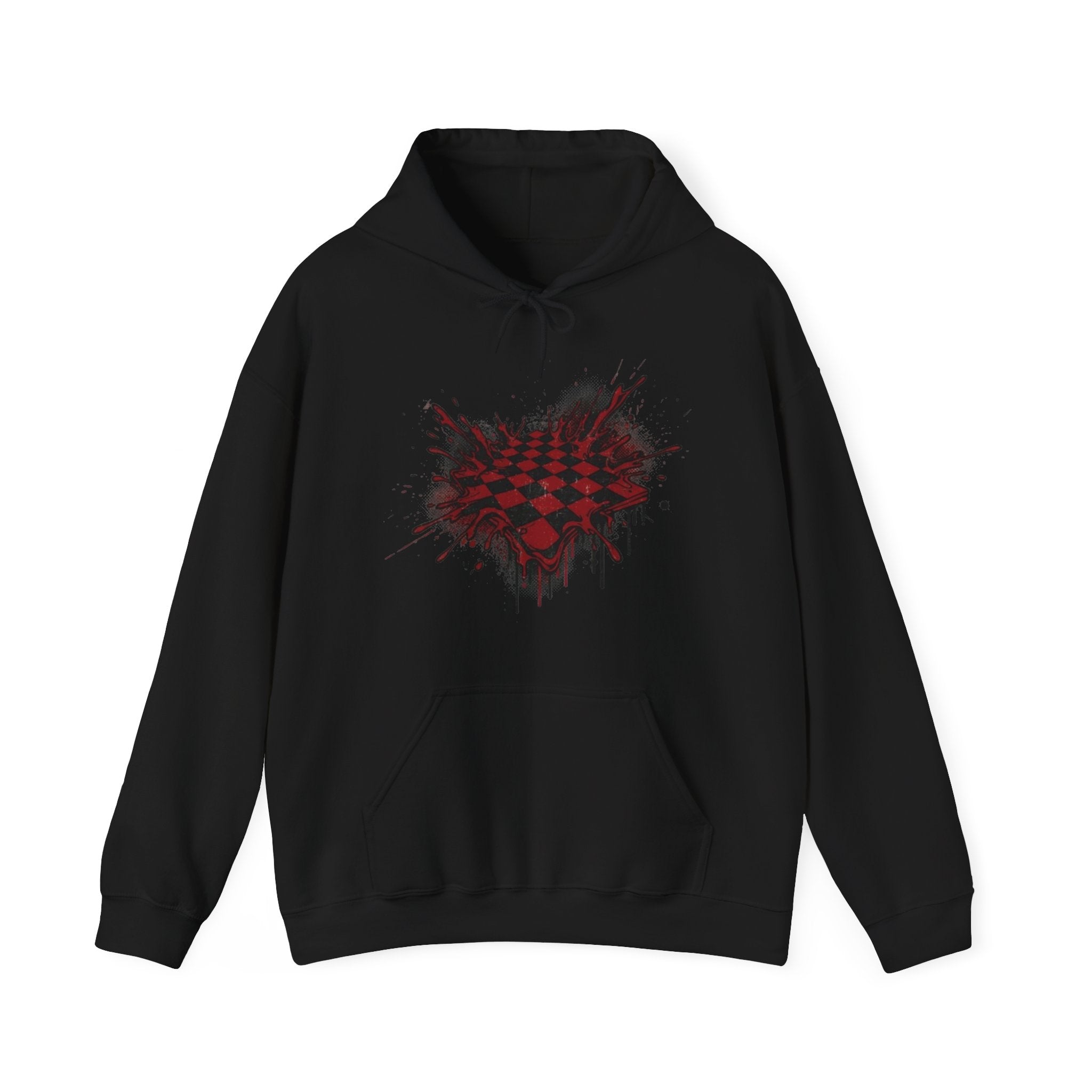 Red Grunge Checkerboard Heart Hoodie – Gothic Streetwear Pullover