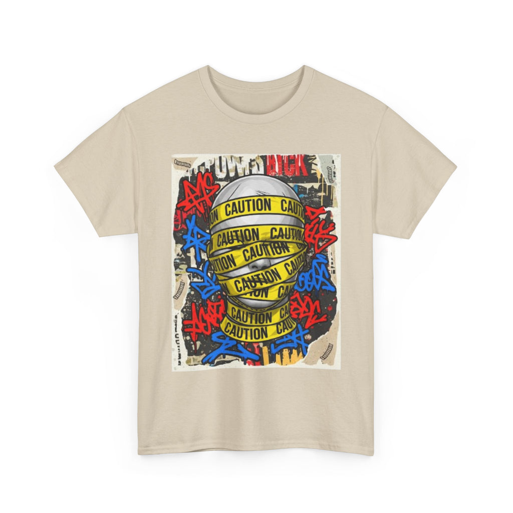 Caution Tape Street Art Tee — Urban Graffiti Graphic T-Shirt
