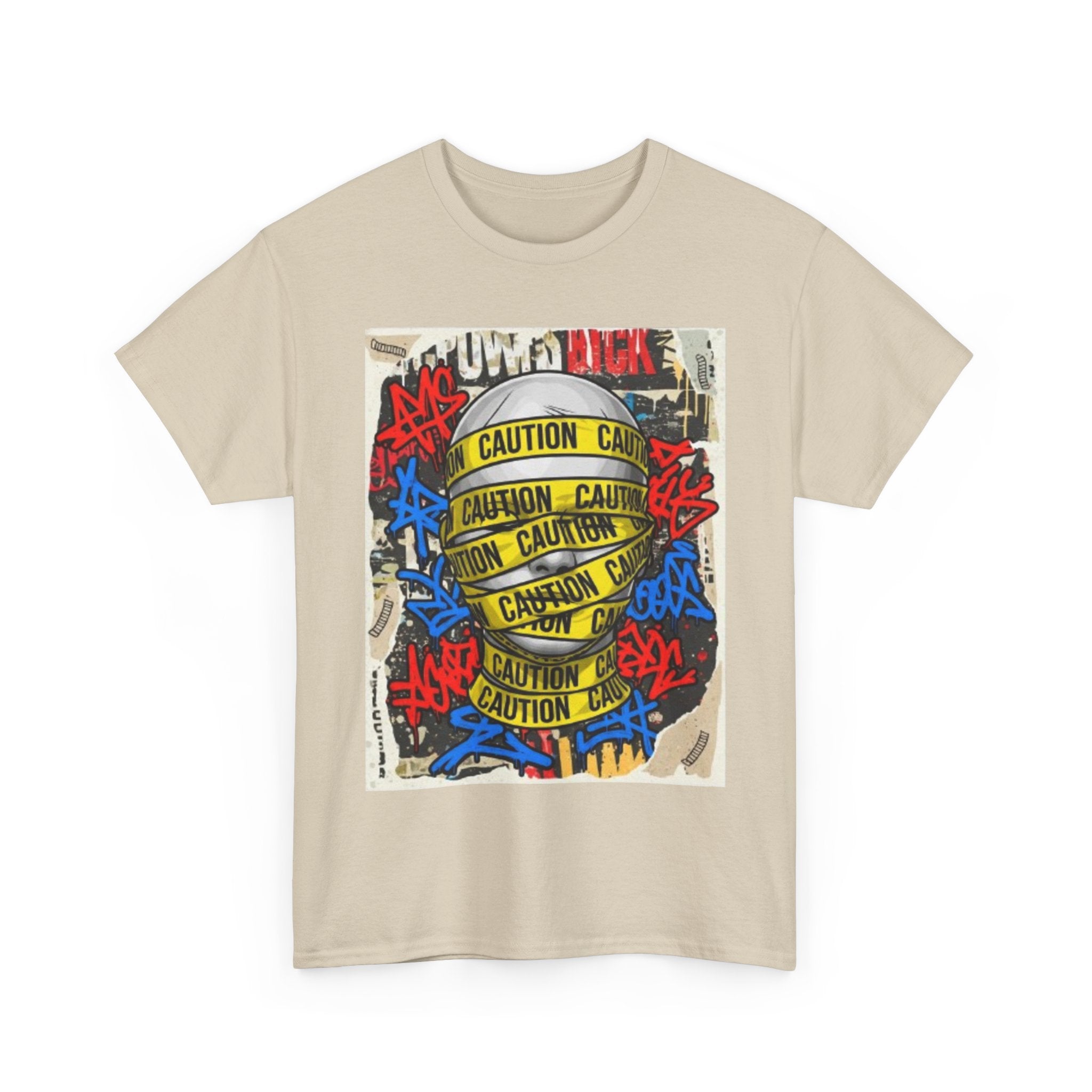 Caution Tape Street Art Tee — Urban Graffiti Graphic T-Shirt