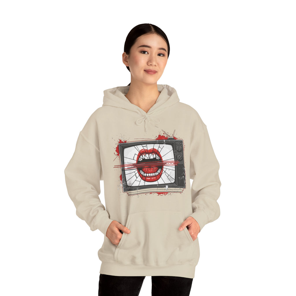 TV Static Mouth Graphic Hoodie — Retro Horror Streetwear